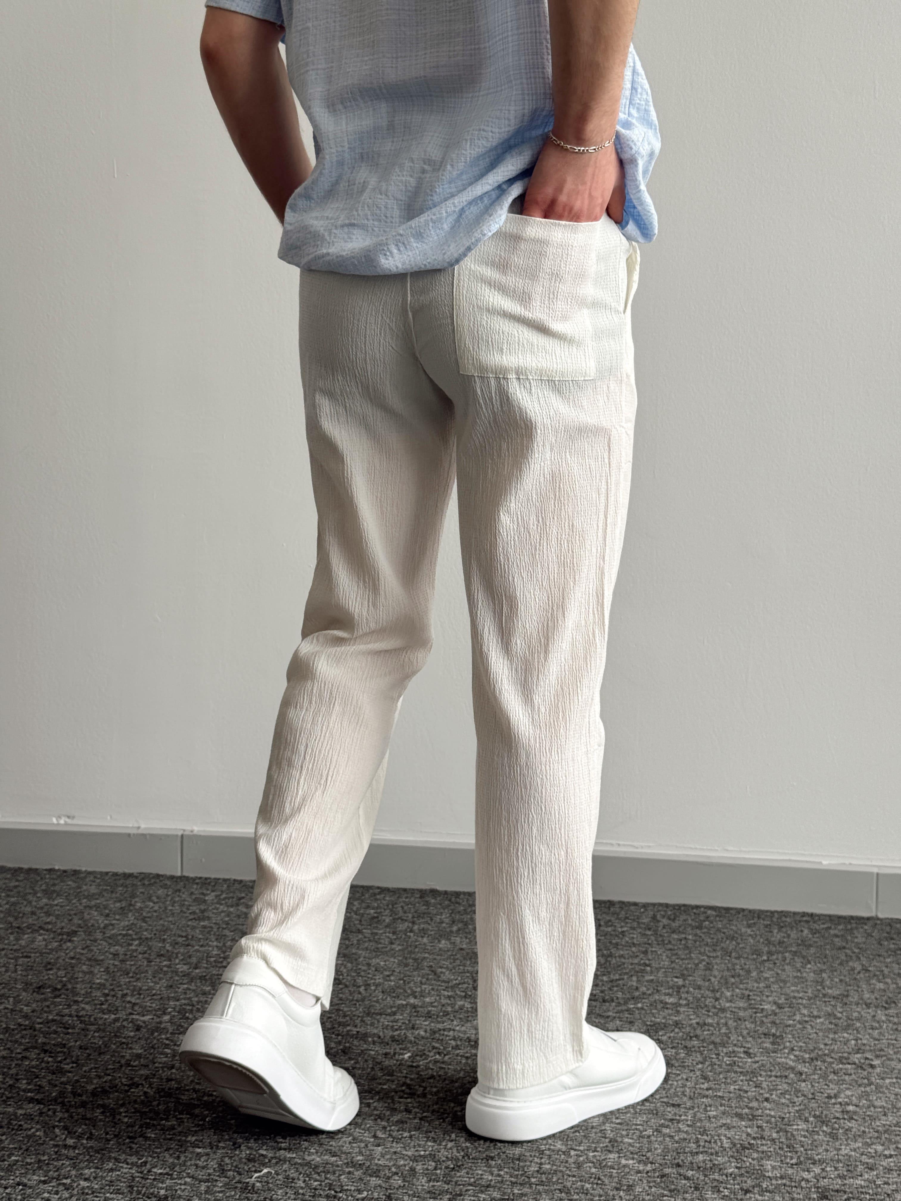 Erkek Yüksek Kalite Beli Lastikli Baggy Kalıp Pile Detaylı Krinkıl Kumaş Pantolon-Beyaz(E1329)Ketench