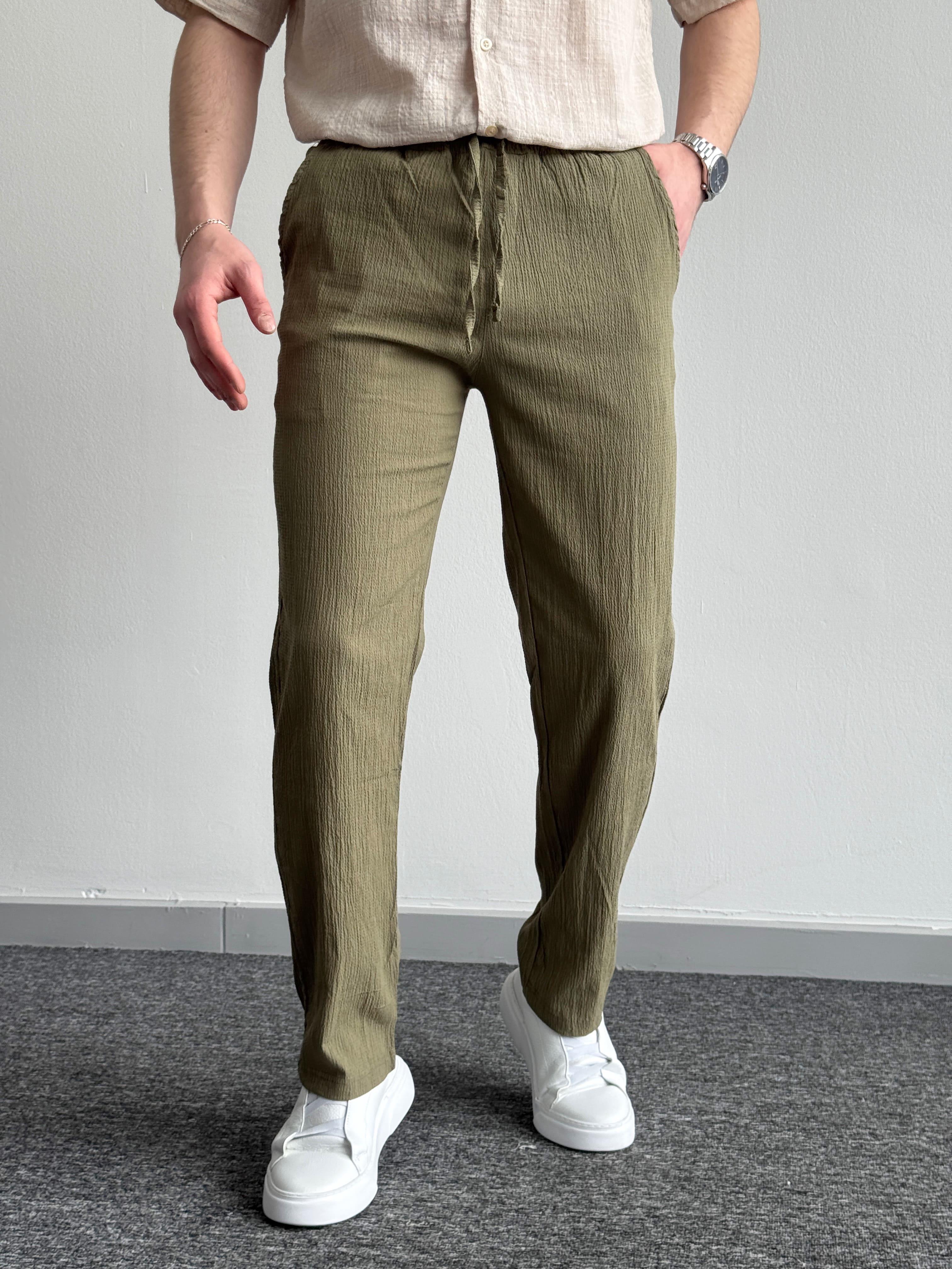 Erkek Yüksek Kalite Beli Lastikli Baggy Kalıp Pile Detaylı Krinkıl Kumaş Pantolon-Haki(E1329)Ketench