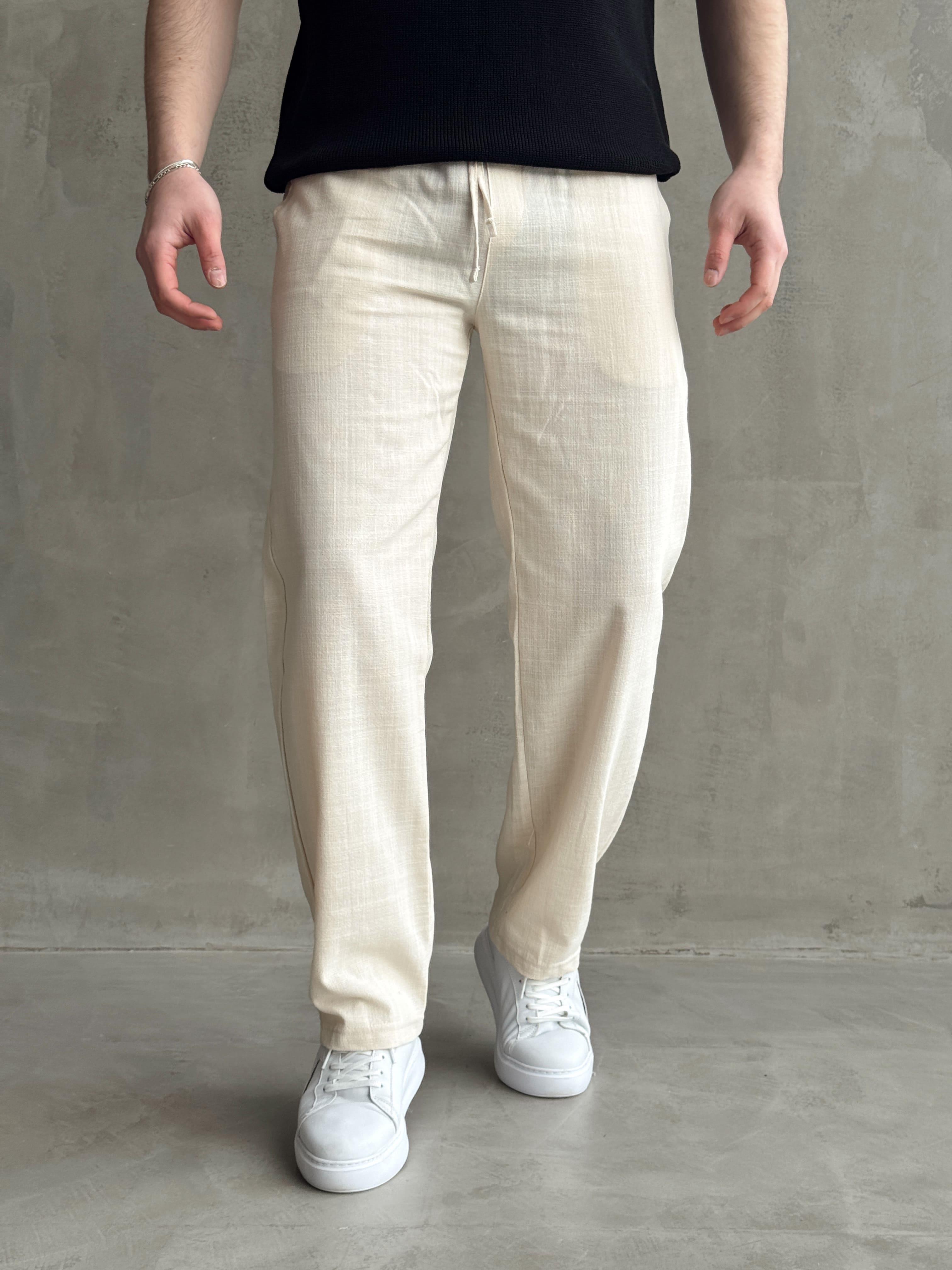 Erkek Yüksek Kalite Beli Lastikli Baggy Kalıp Flamlı Keten Pantolon-Bej(E1616)Ketench