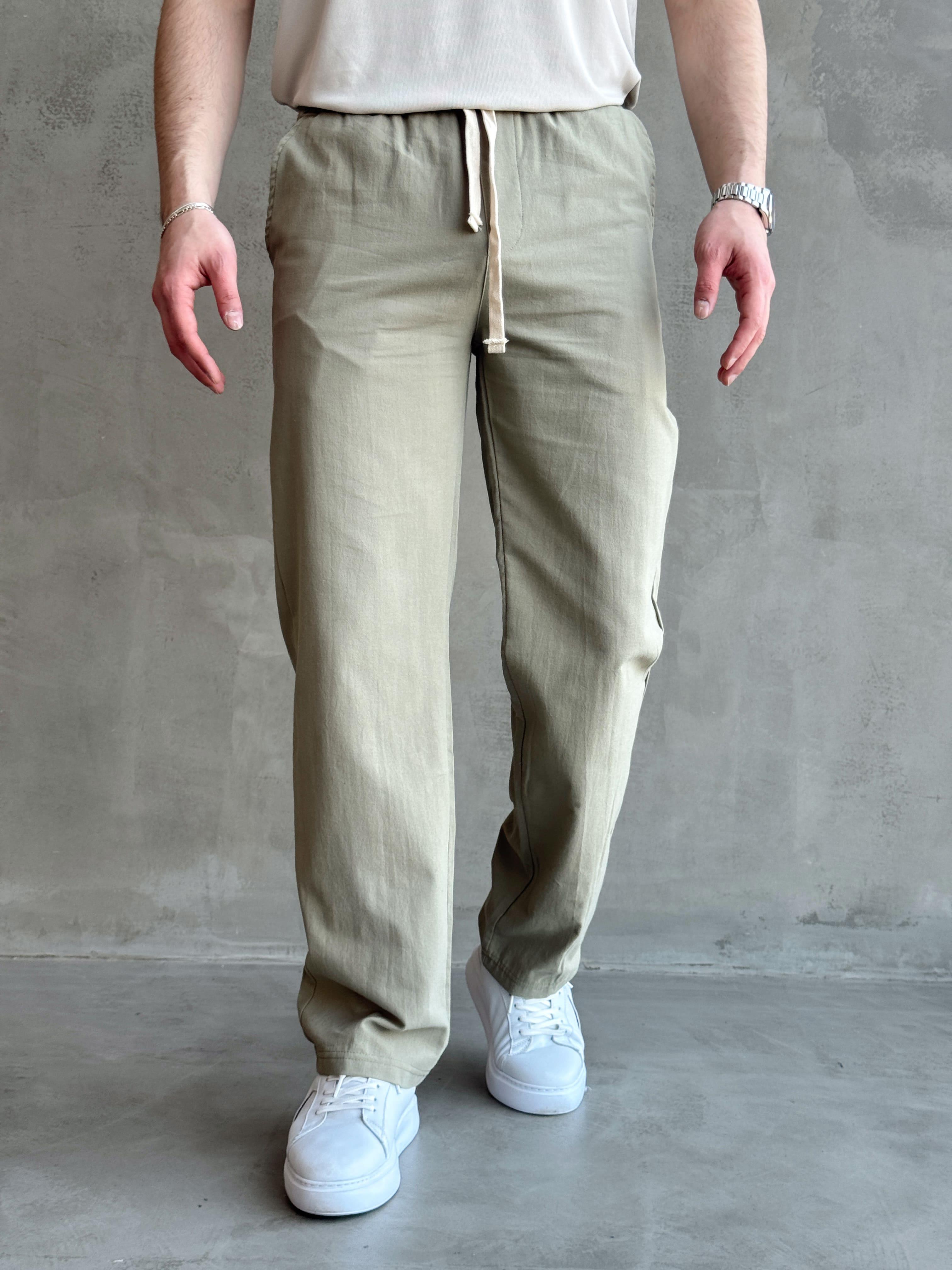 Erkek Yüksek Kalite Beli Lastikli Baggy Kalıp Keten Karışımlı Pantolon-Haki(E1618)Ketench