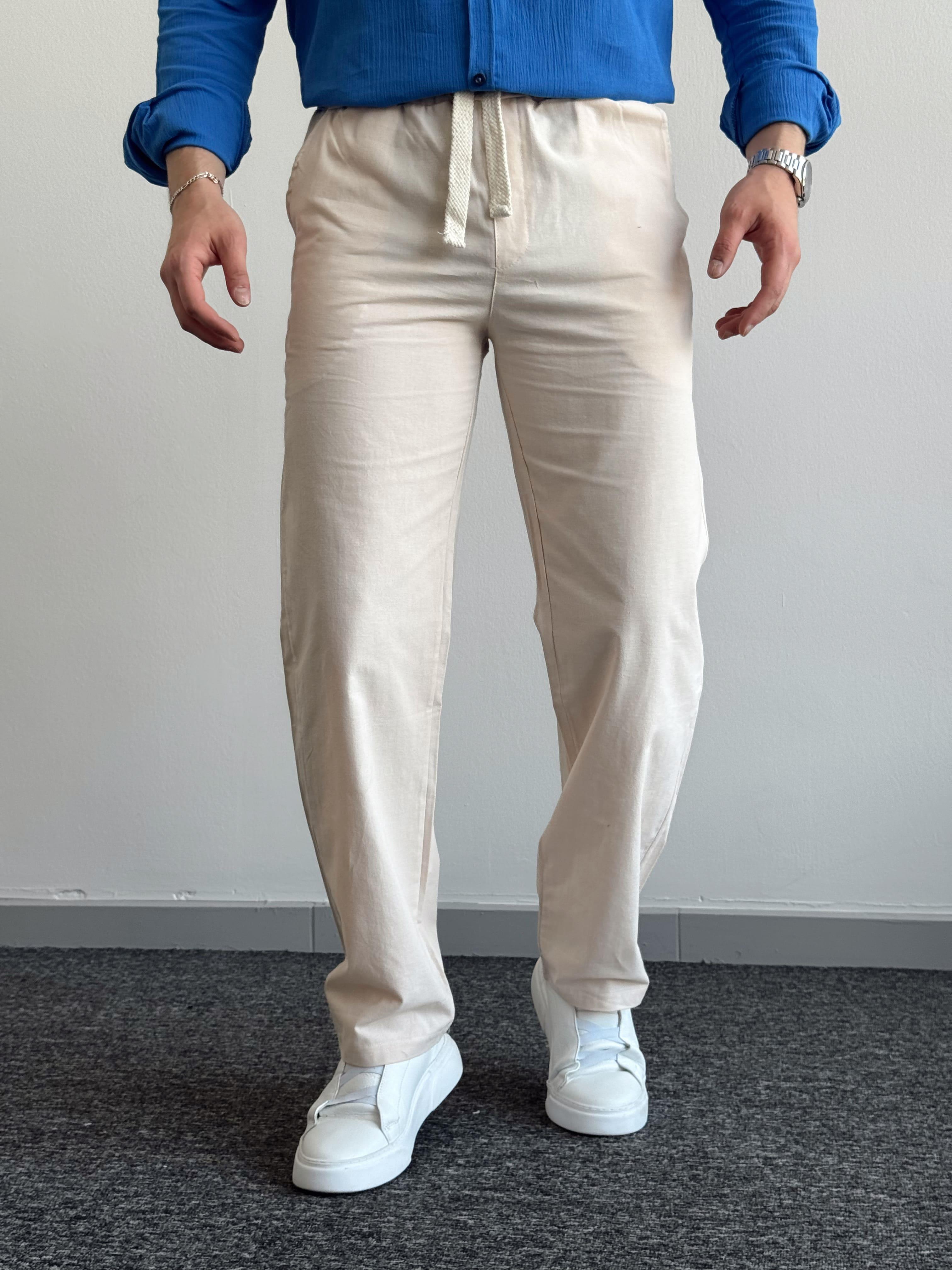 Erkek Yüksek Kalite Beli Lastikli Baggy Kalıp Keten Pantolon-Pudra(E1334)Ketench
