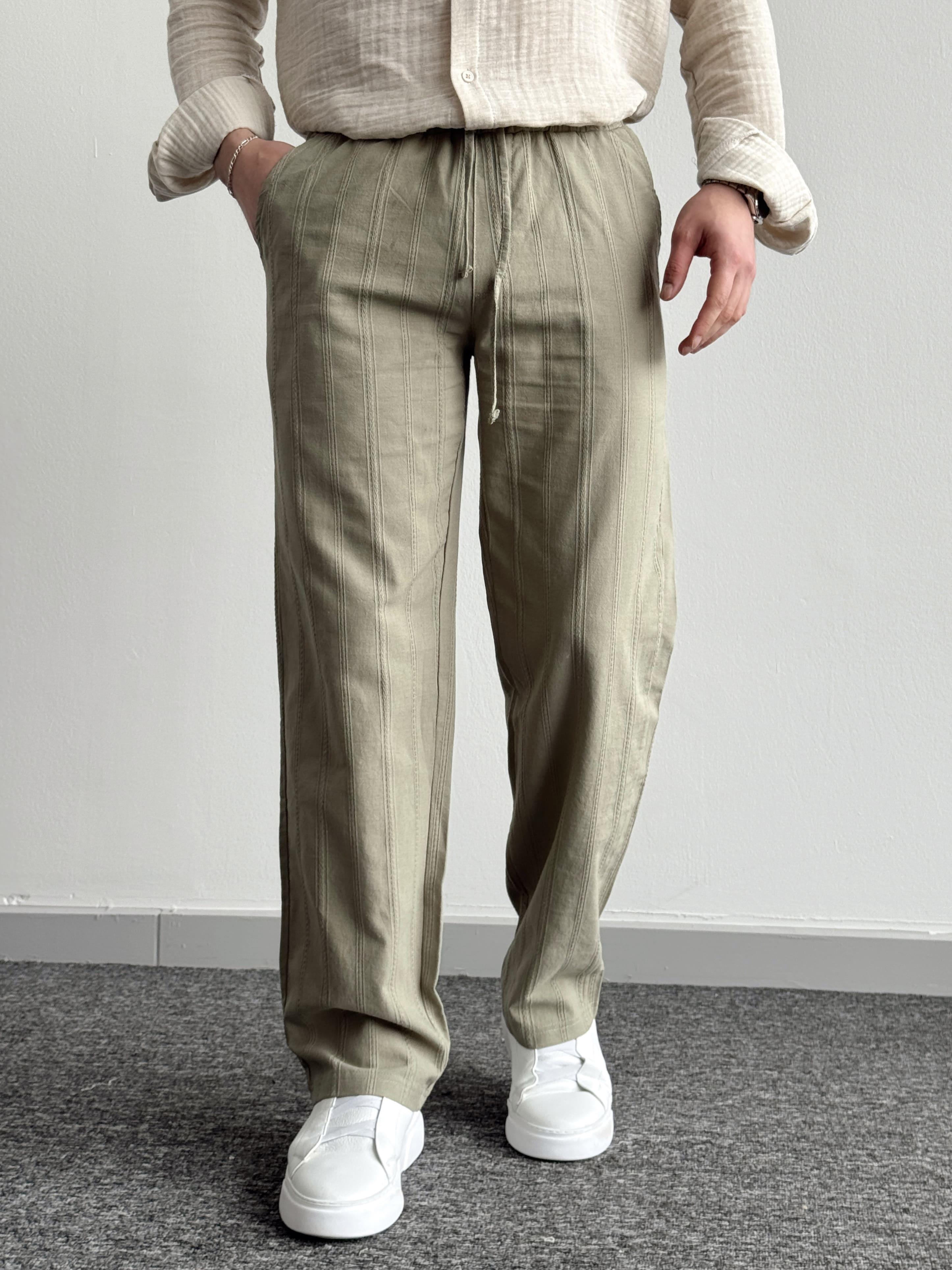 Erkek Yüksek Kalite Beli Lastikli Halat Densenli Baggy Keten Pantolon-Haki(E1348)Ketench
