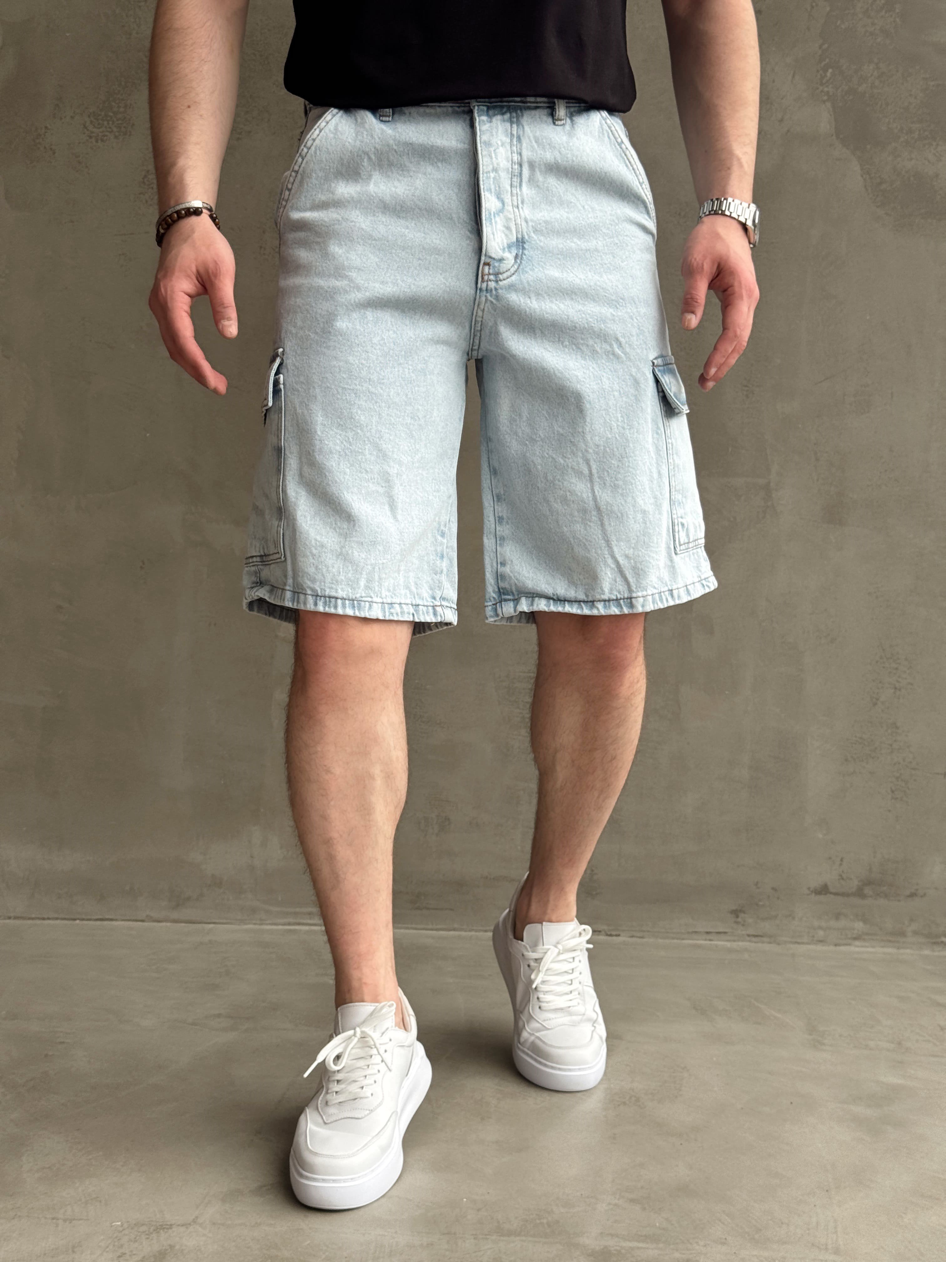 Erkek Yüksek Kalite Geniş Kalıp Kargo Cep Detay Kombinlenebilir Denim Şort-Buz Mavi(E1751) TD:537Ketench