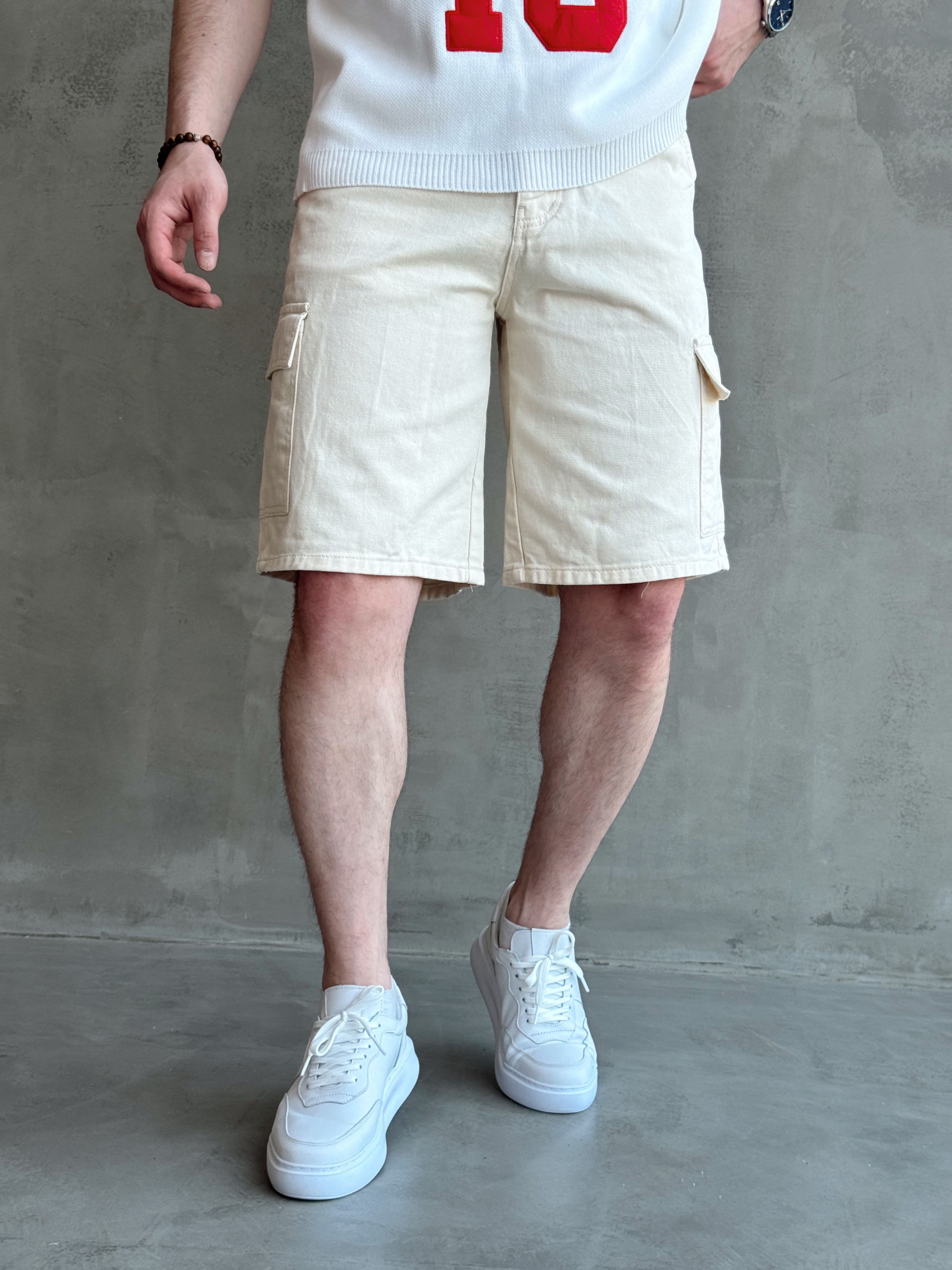 Erkek Yüksek Kalite Geniş Kalıp Kargo Cep Detay Kombinlenebilir Denim Şort-Krem(E1751) TD:567Ketench