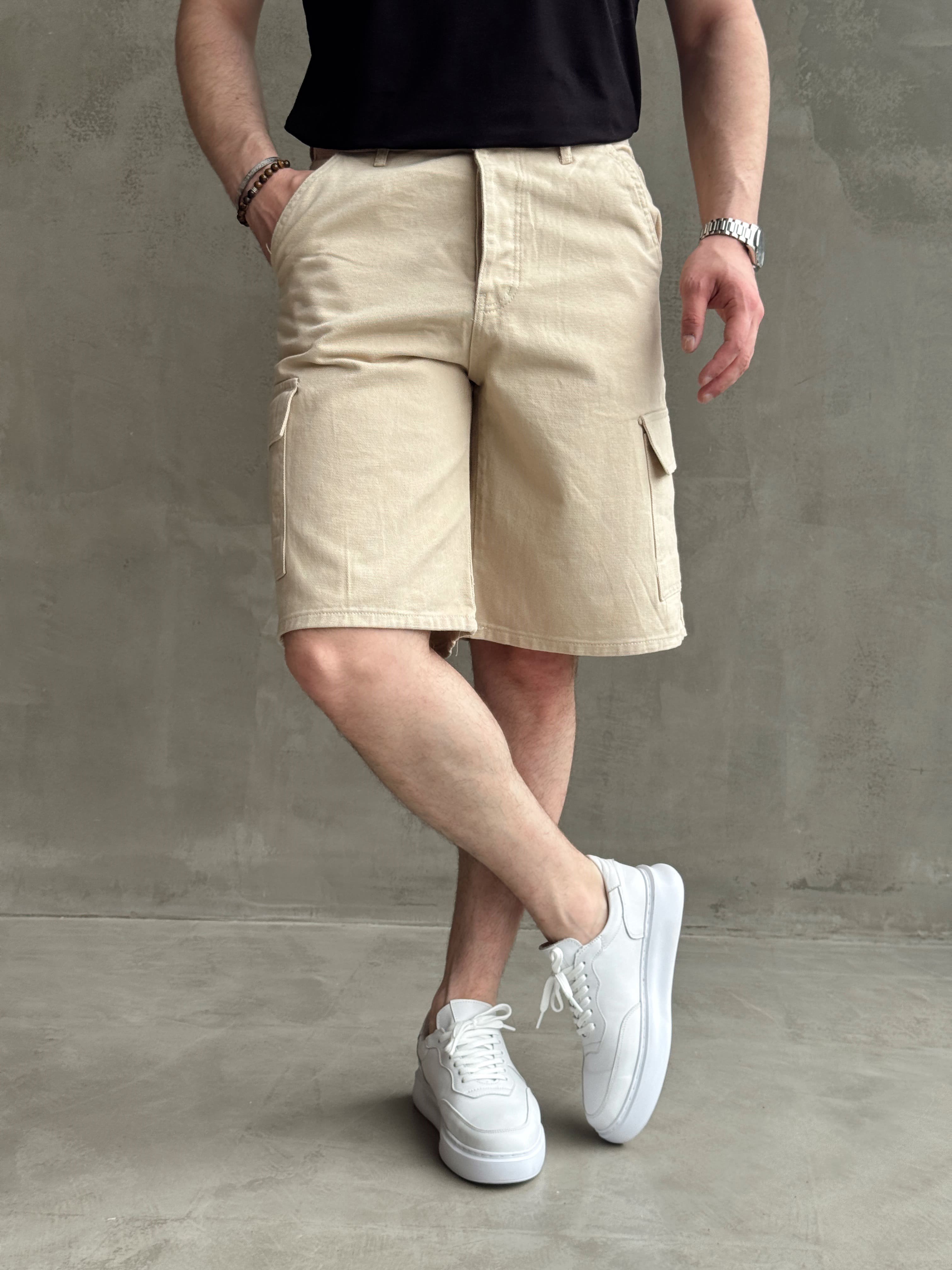 Erkek Yüksek Kalite Geniş Kalıp Kargo Cep Detay Kombinlenebilir Denim Şort-Taş(E1751) TD:545Ketench