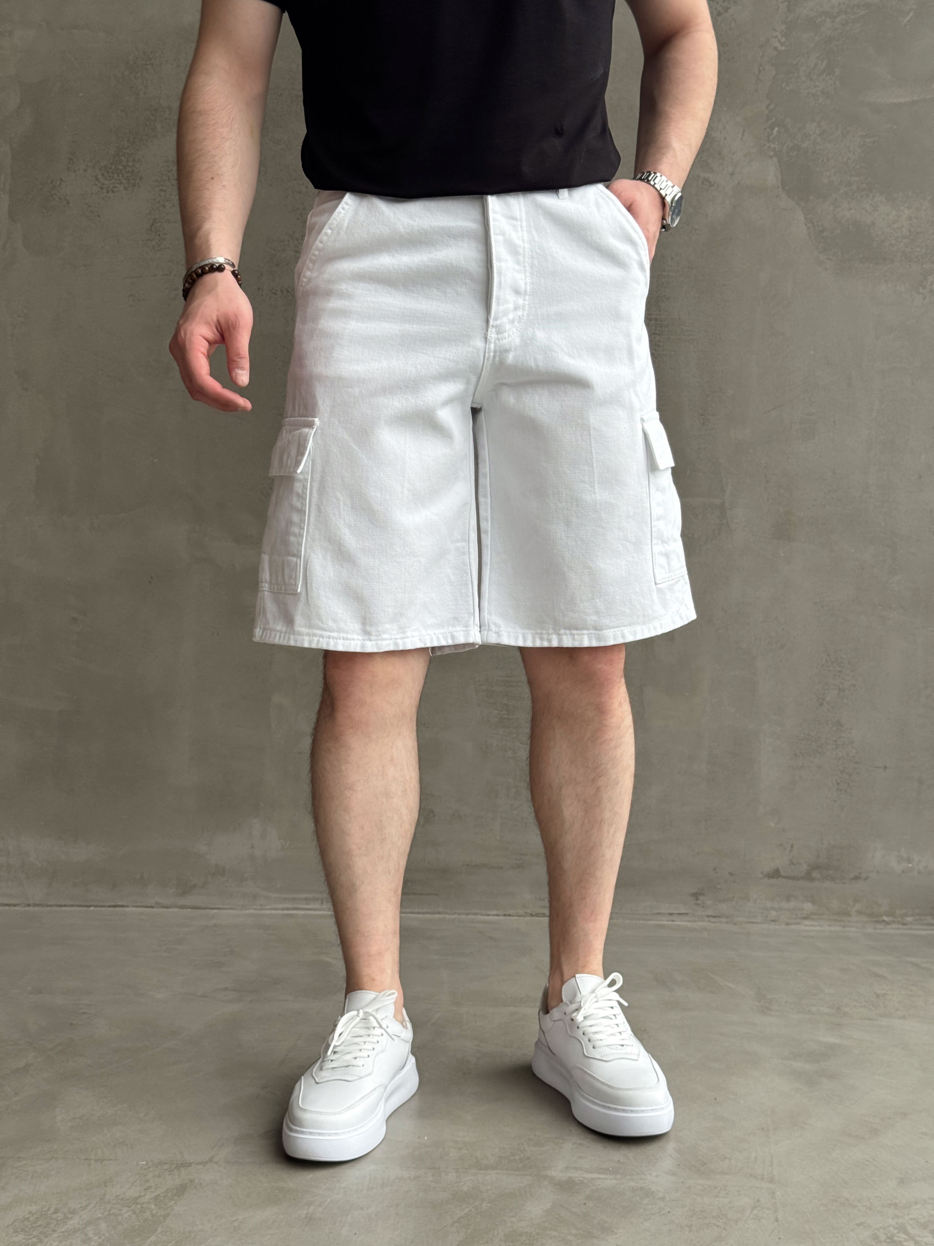 Erkek Yüksek Kalite Geniş Kalıp Kargo Cep Detay Kombinlenebilir Denim Şort-Ekru(E1751) TD:530Ketench