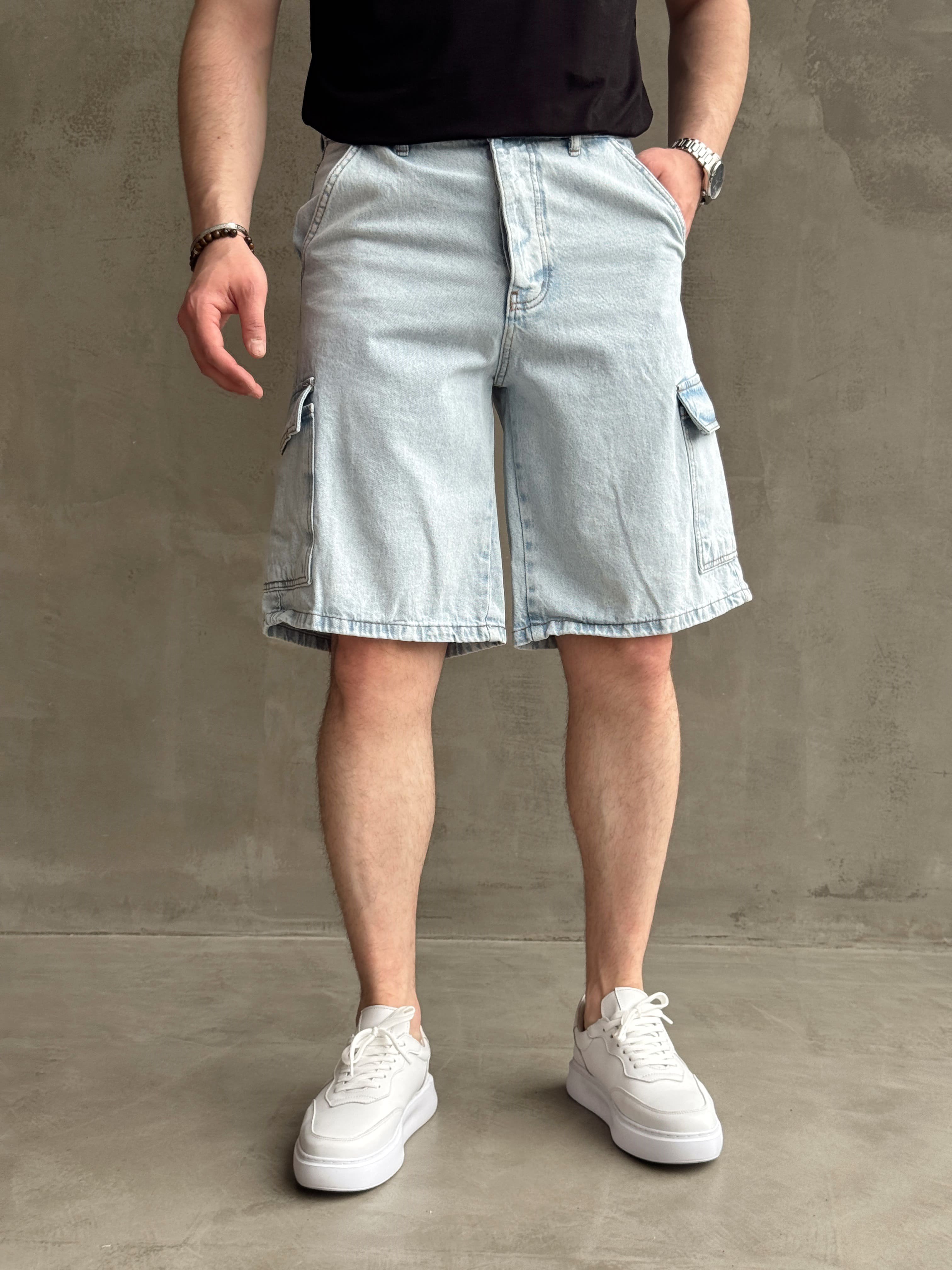 Erkek Yüksek Kalite Geniş Kalıp Kargo Cep Detay Kombinlenebilir Denim Şort-Buz Mavi(E1751) TD:537Ketench