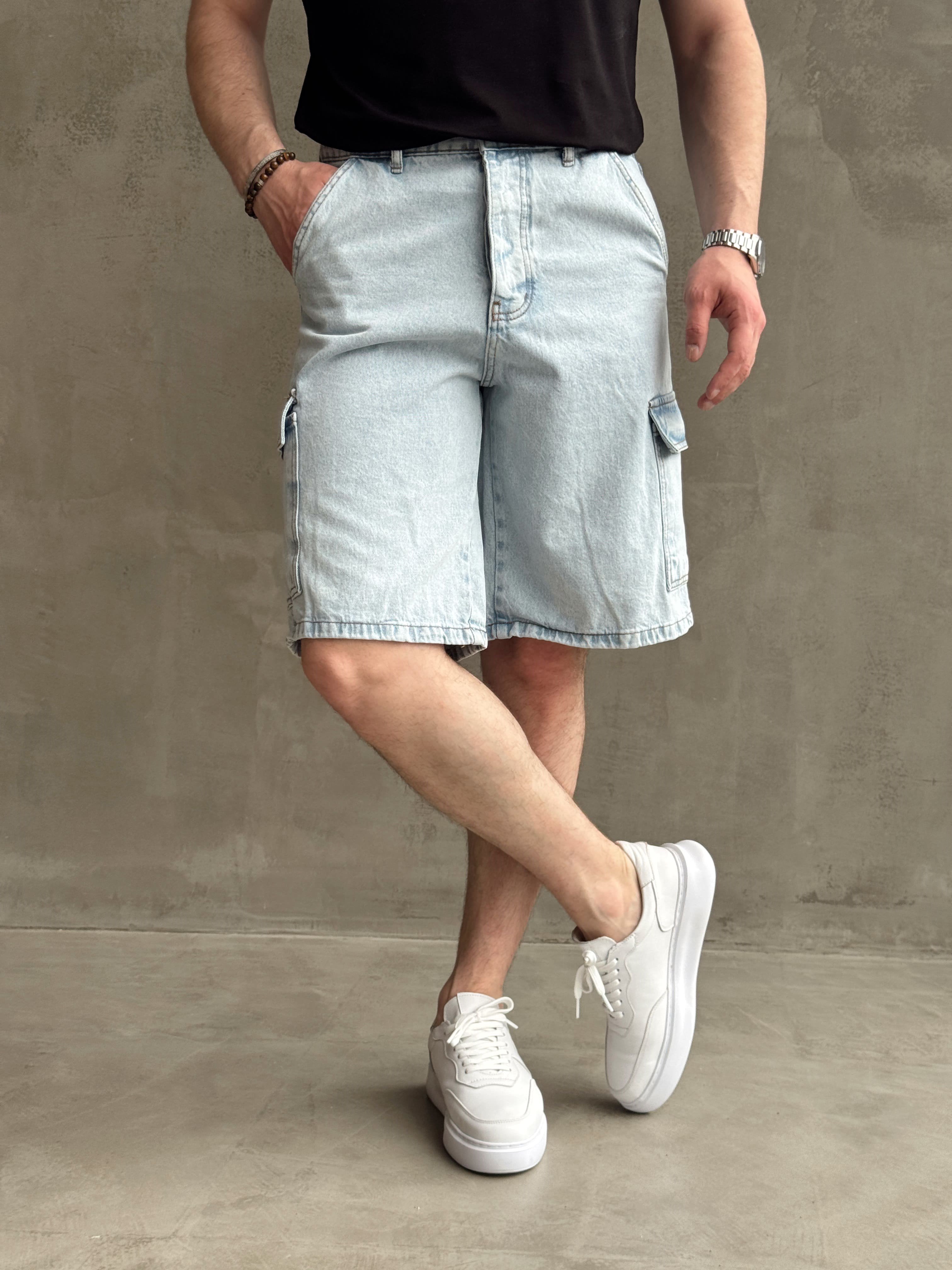Erkek Yüksek Kalite Geniş Kalıp Kargo Cep Detay Kombinlenebilir Denim Şort-Buz Mavi(E1751) TD:537Ketench