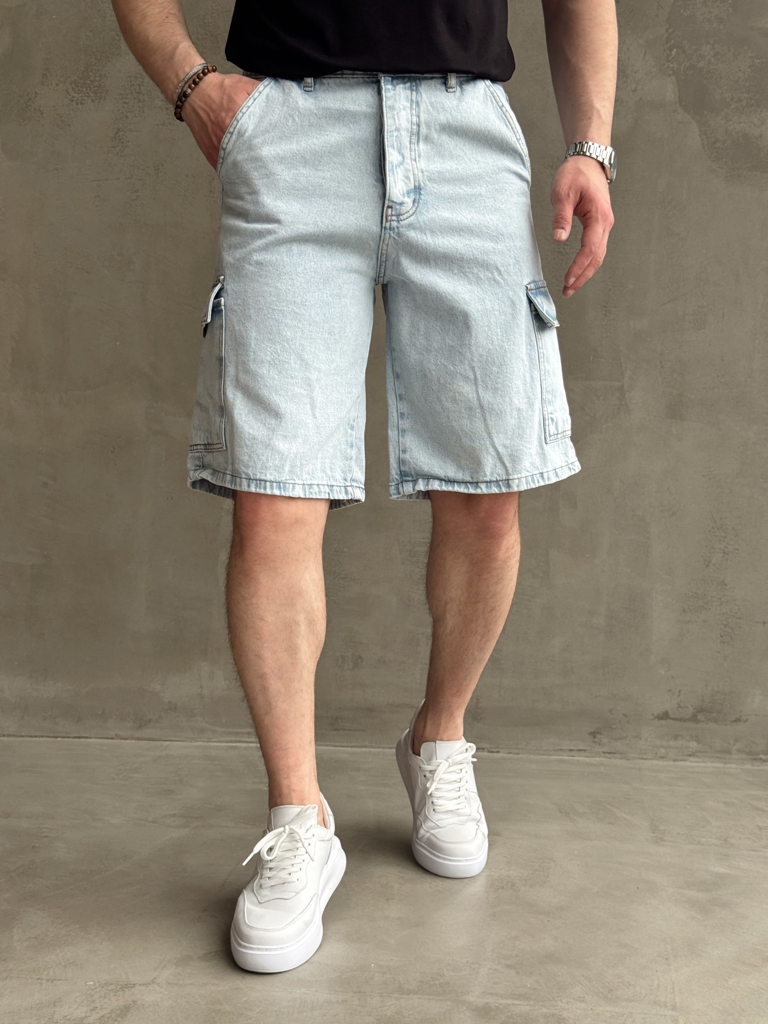 Erkek Yüksek Kalite Geniş Kalıp Kargo Cep Detay Kombinlenebilir Denim Şort-Buz Mavi(E1751) TD:537Ketench