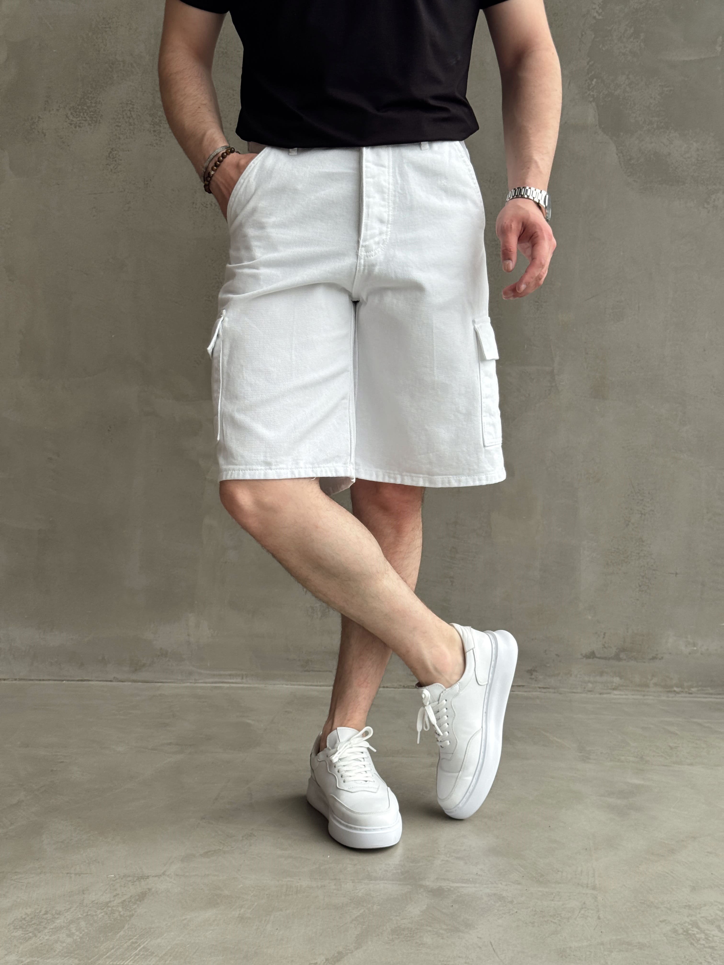 Erkek Yüksek Kalite Geniş Kalıp Kargo Cep Detay Kombinlenebilir Denim Şort-Ekru(E1751) TD:530Ketench