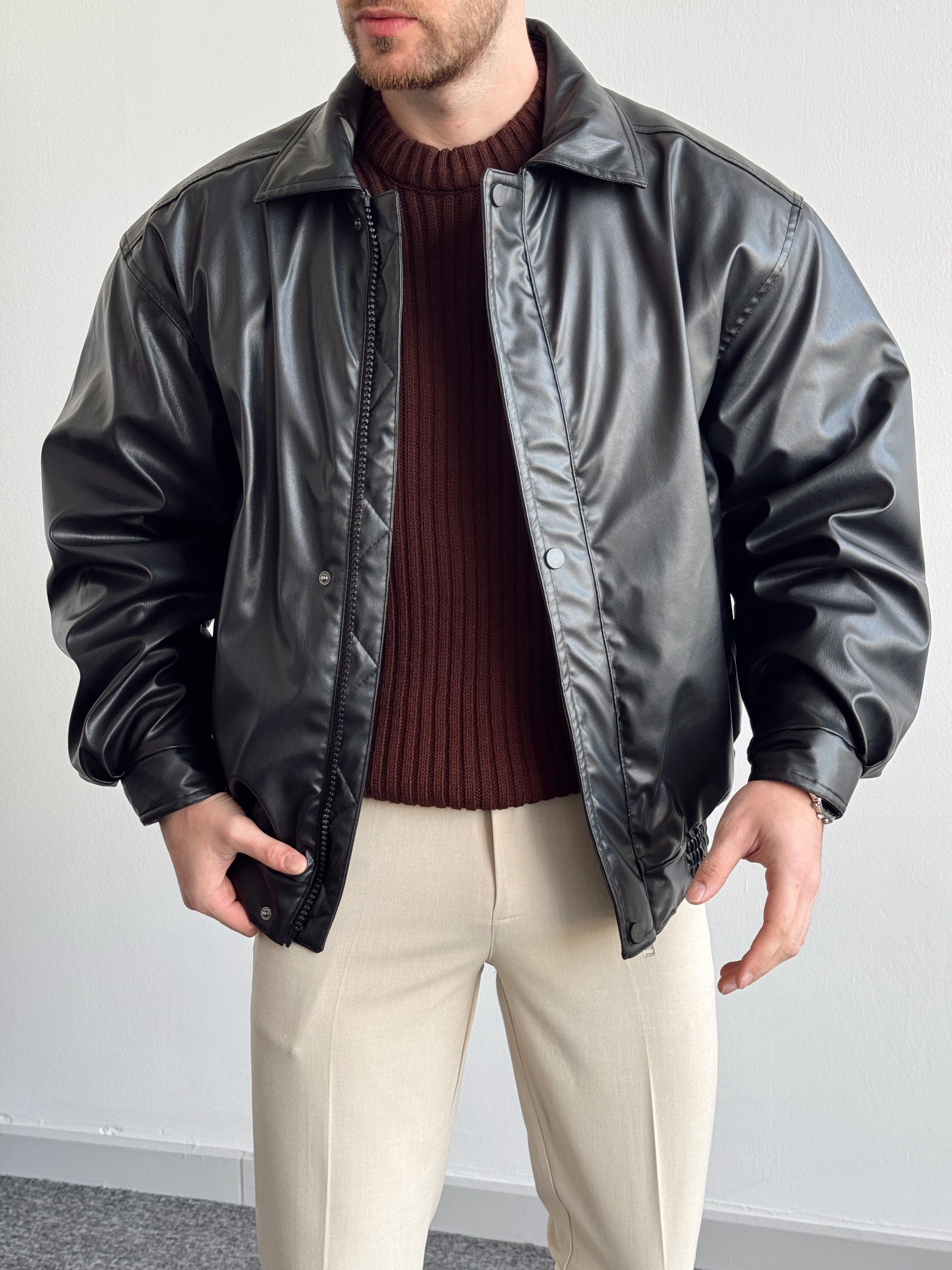 Erkek Yüksek Kalite İçi Astarlı Vintage Model Deri Ceket-Siyah(E1198)Ketench