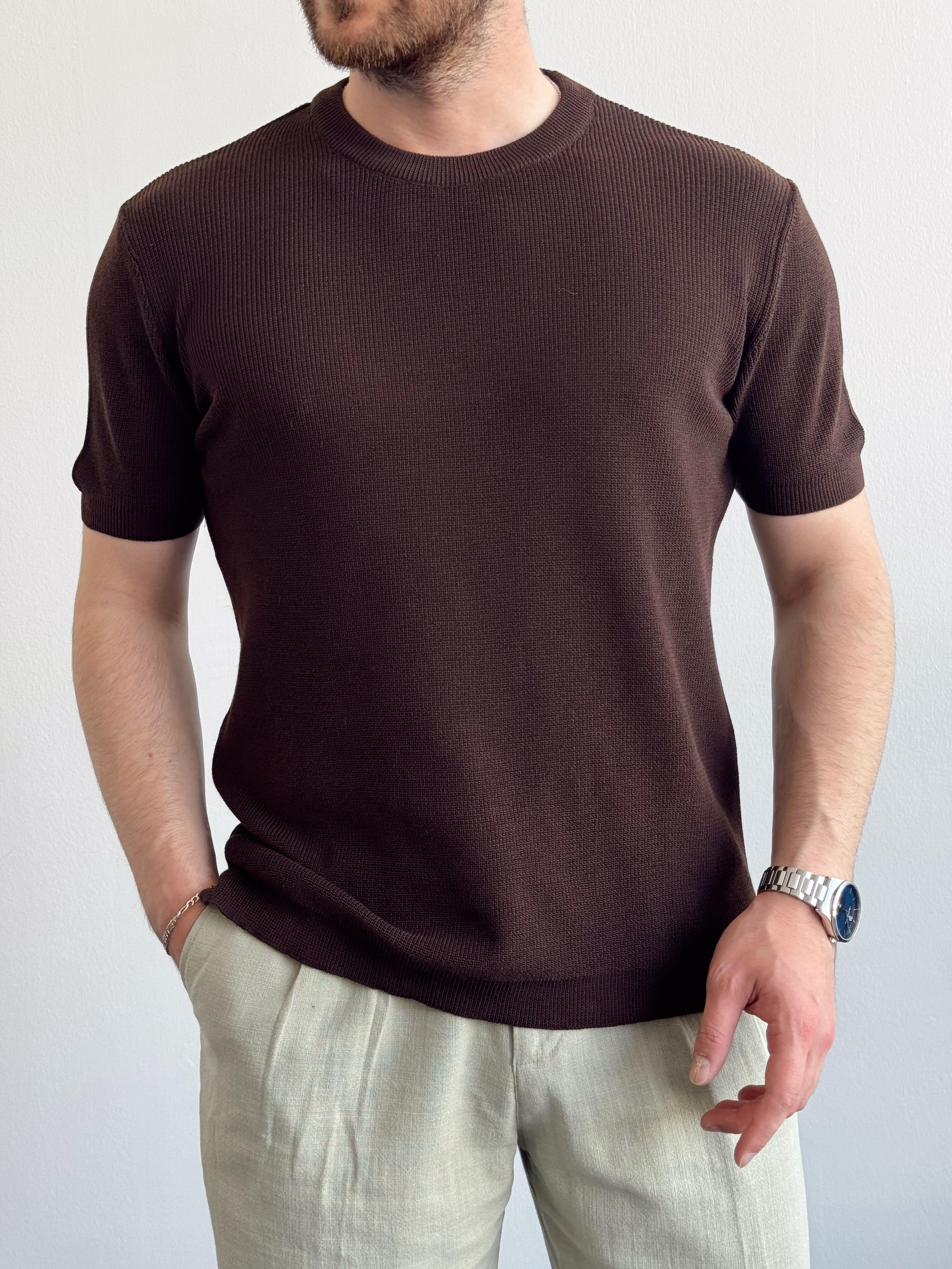 Erkek Yüksek Kalite Örme Triko Oversize Kalıp Bisiklet Yaka T-Shirt-Acı Kahve(E1290)Ketench