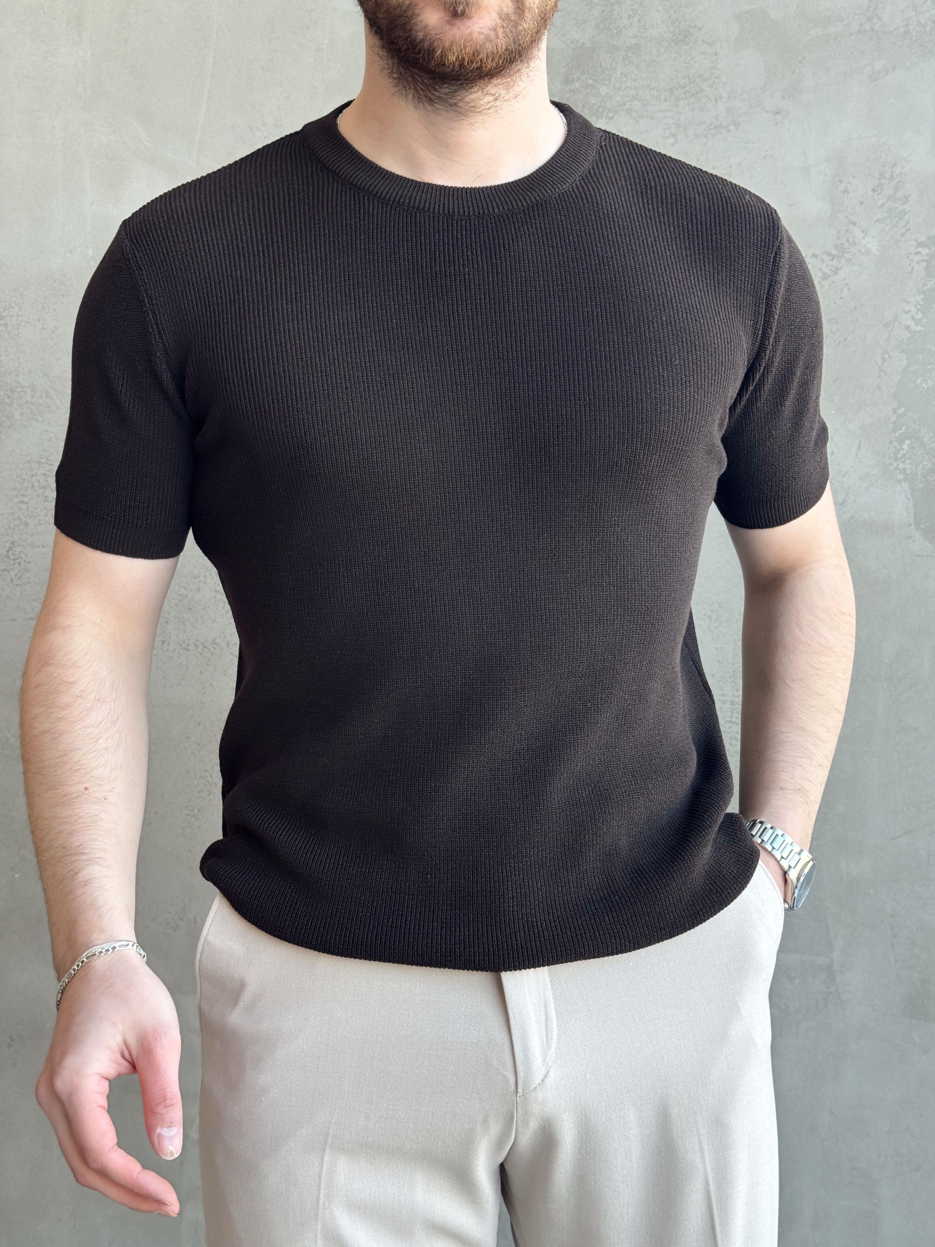 Erkek Yüksek Kalite Örme Triko Oversize Kalıp Bisiklet Yaka Triko T-Shirt-Barut(E1655)Ketench
