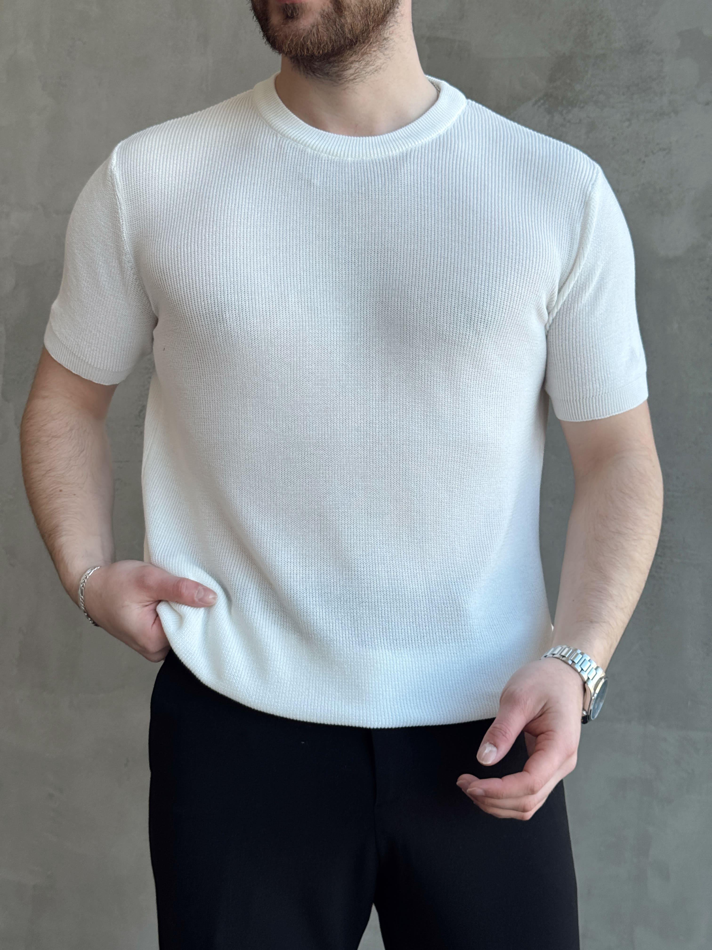 Erkek Yüksek Kalite Örme Triko Oversize Kalıp Bisiklet Yaka Triko T-Shirt-Beyaz(E1655)Ketench