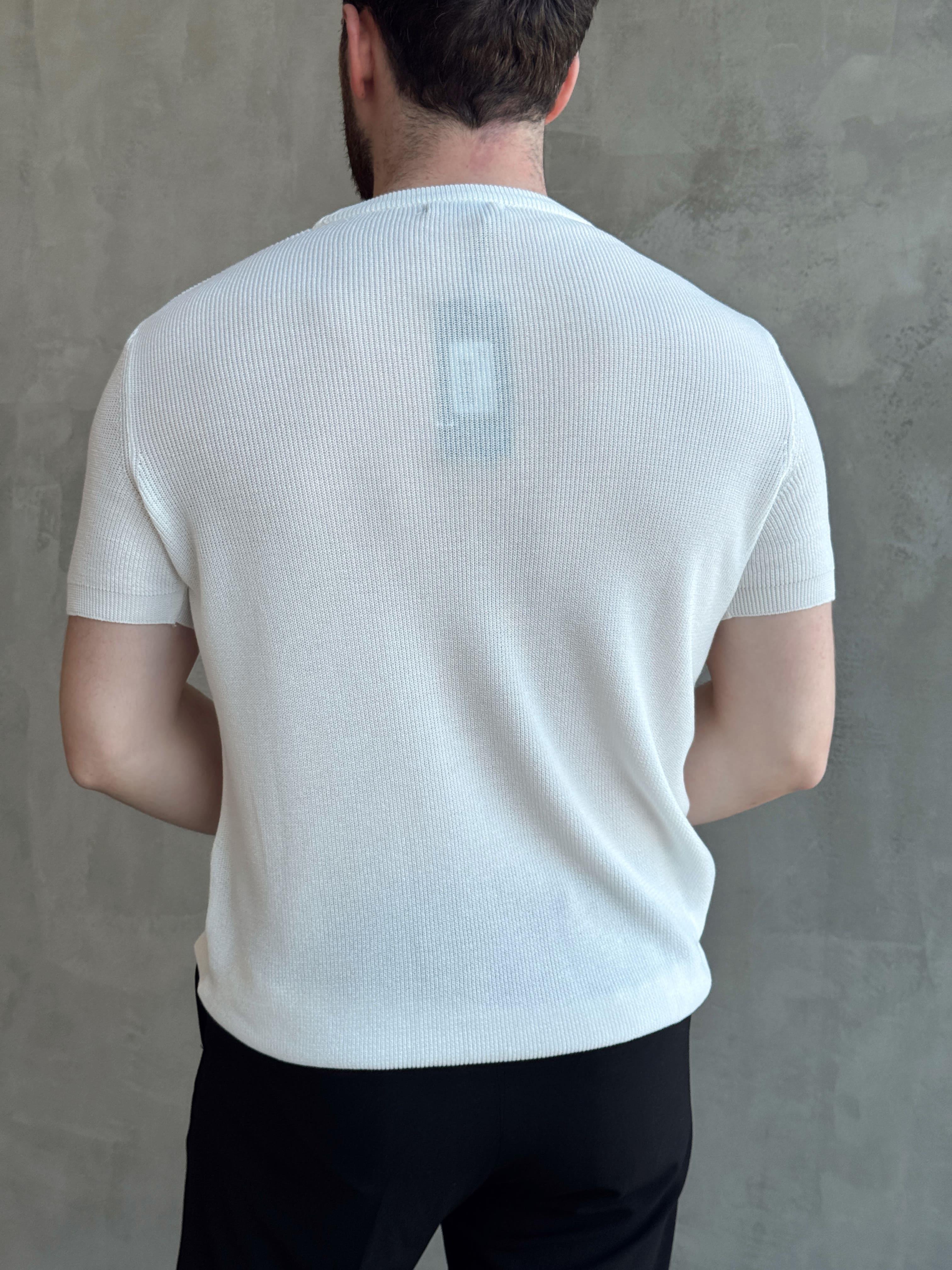 Erkek Yüksek Kalite Örme Triko Oversize Kalıp Bisiklet Yaka Triko T-Shirt-Beyaz(E1655)Ketench