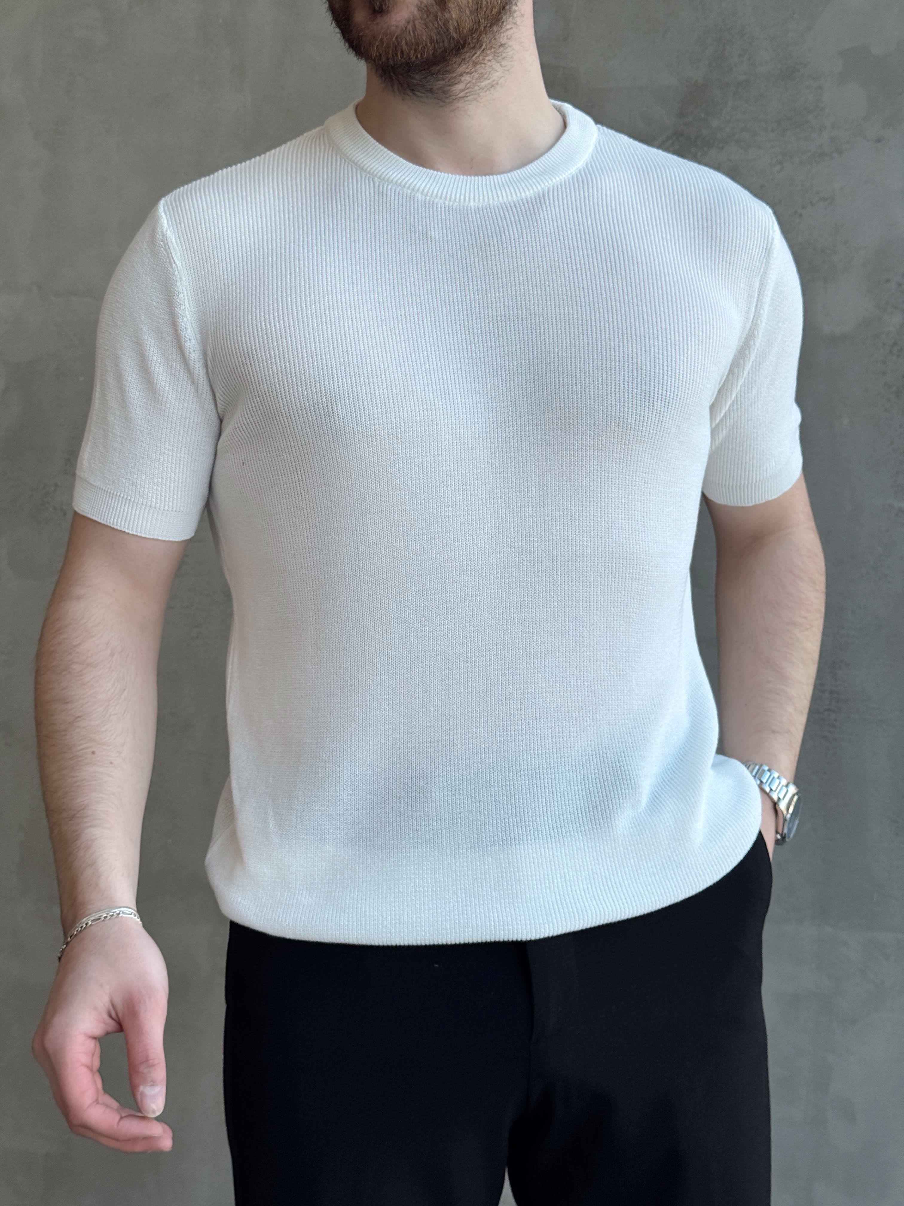 Erkek Yüksek Kalite Örme Triko Oversize Kalıp Bisiklet Yaka Triko T-Shirt-Beyaz(E1655)Ketench