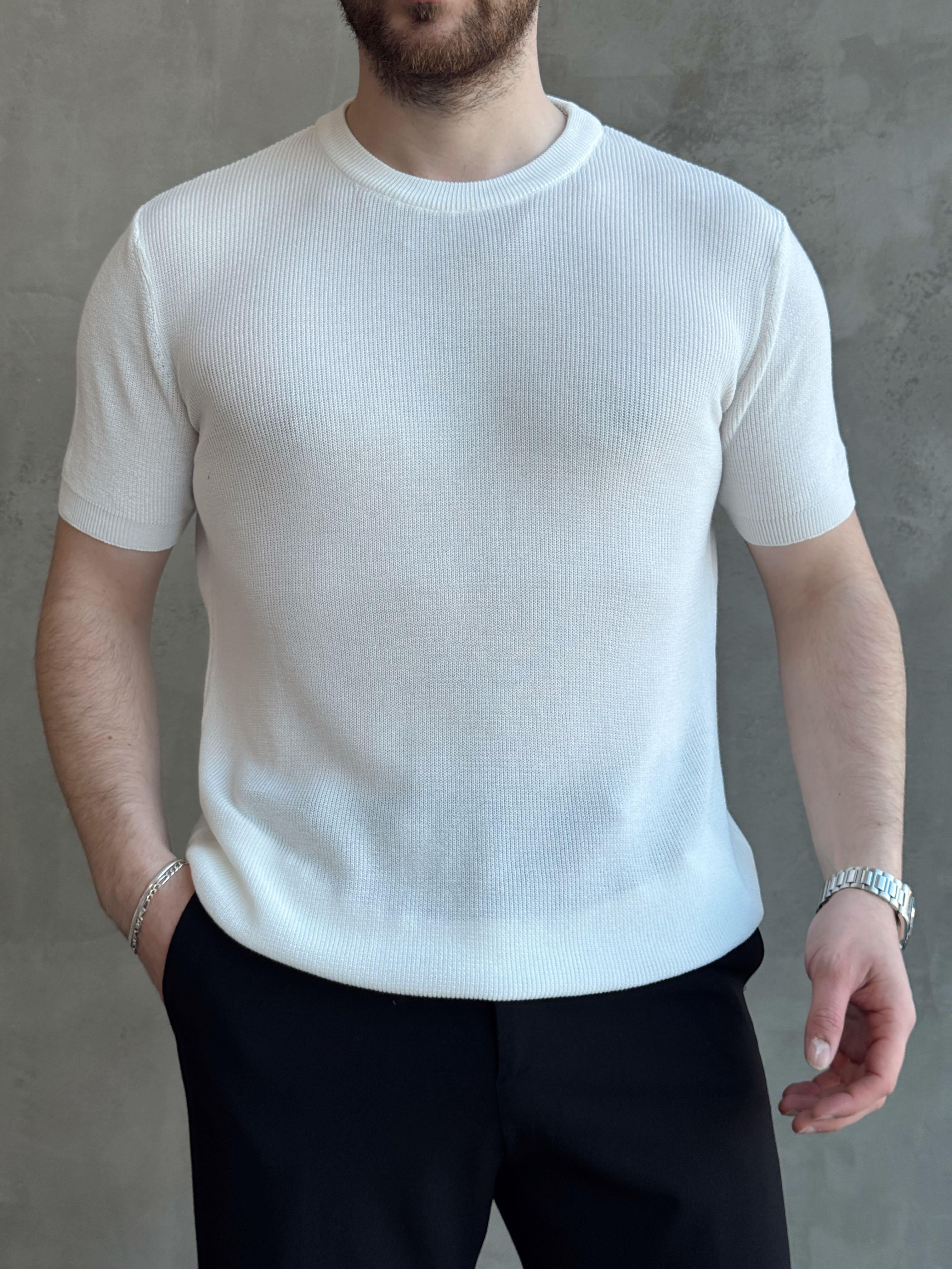 Erkek Yüksek Kalite Örme Triko Oversize Kalıp Bisiklet Yaka Triko T-Shirt-Beyaz(E1655)Ketench
