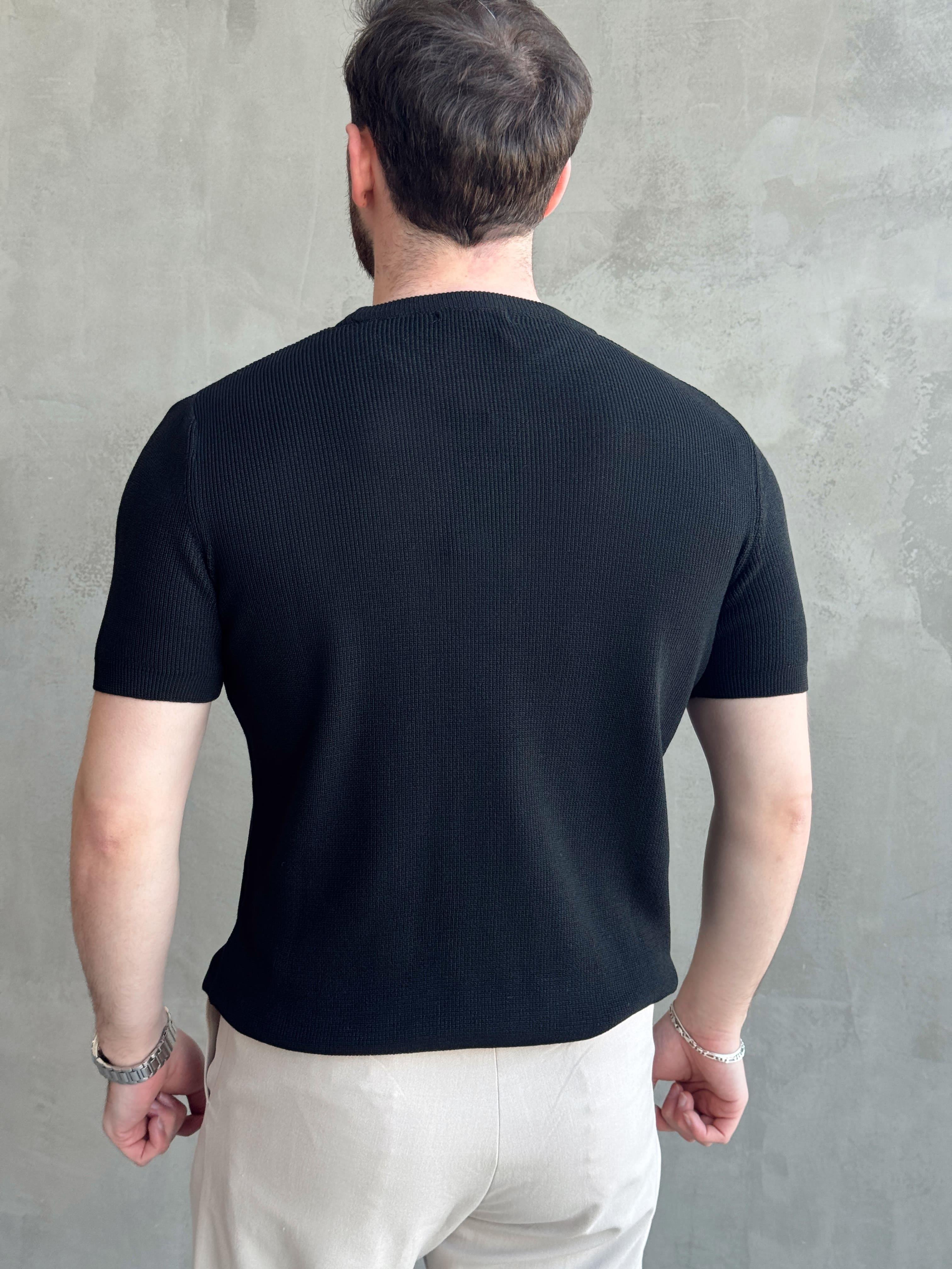 Erkek Yüksek Kalite Örme Triko Oversize Kalıp Bisiklet Yaka Triko T-Shirt-Siyah(E1655)Ketench