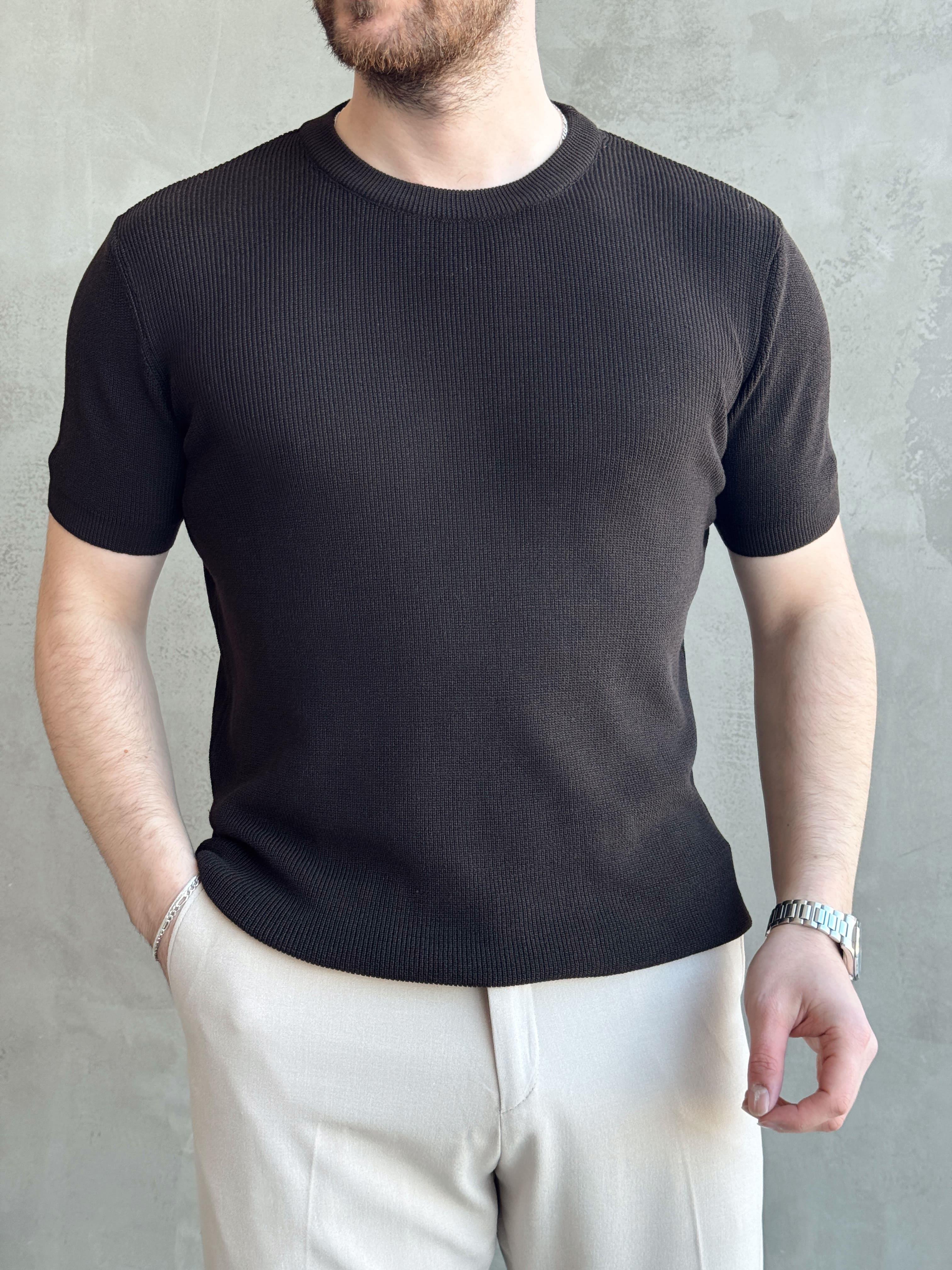 Erkek Yüksek Kalite Örme Triko Oversize Kalıp Bisiklet Yaka Triko T-Shirt-Barut(E1655)Ketench
