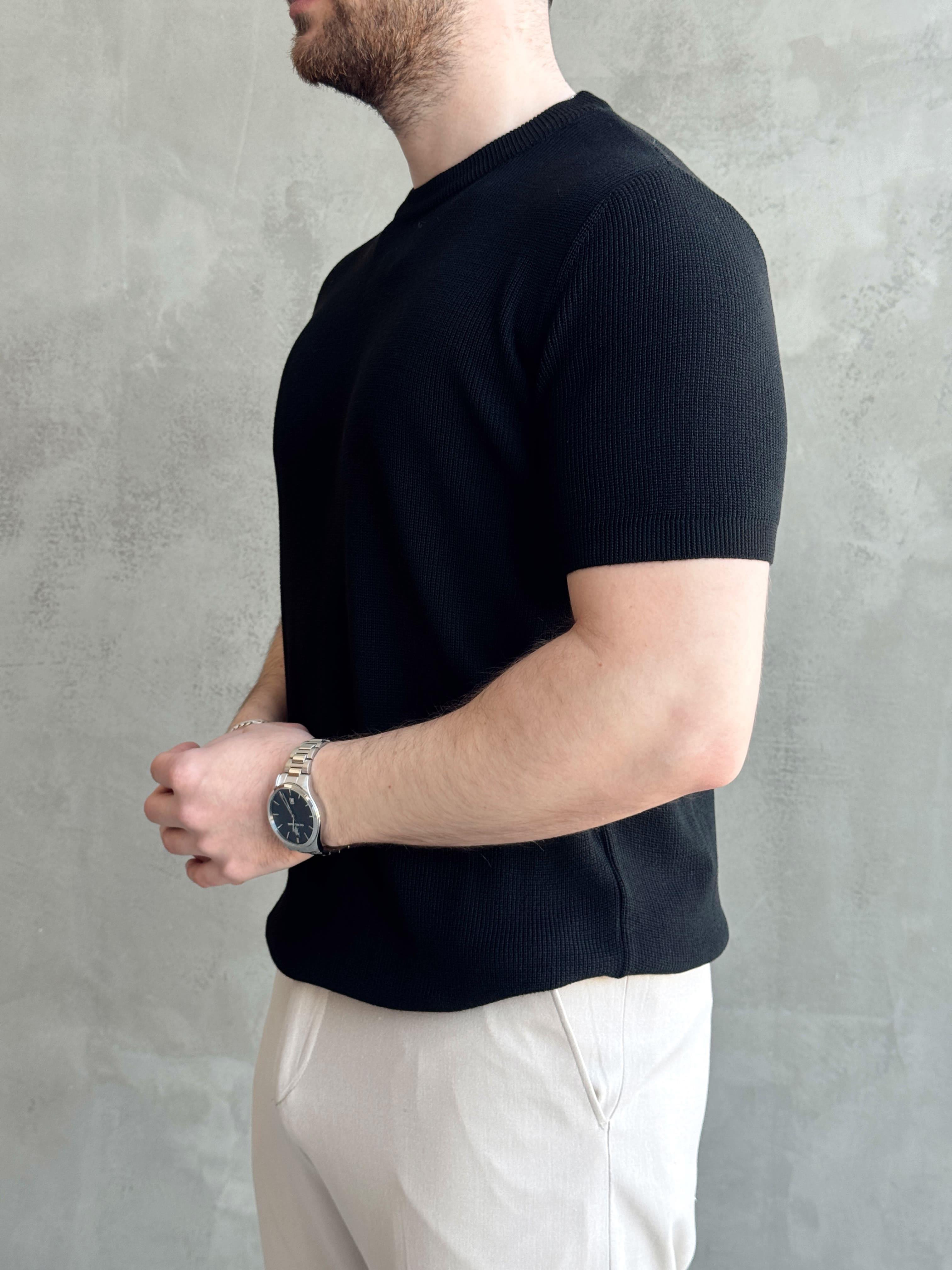 Erkek Yüksek Kalite Örme Triko Oversize Kalıp Bisiklet Yaka Triko T-Shirt-Siyah(E1655)Ketench