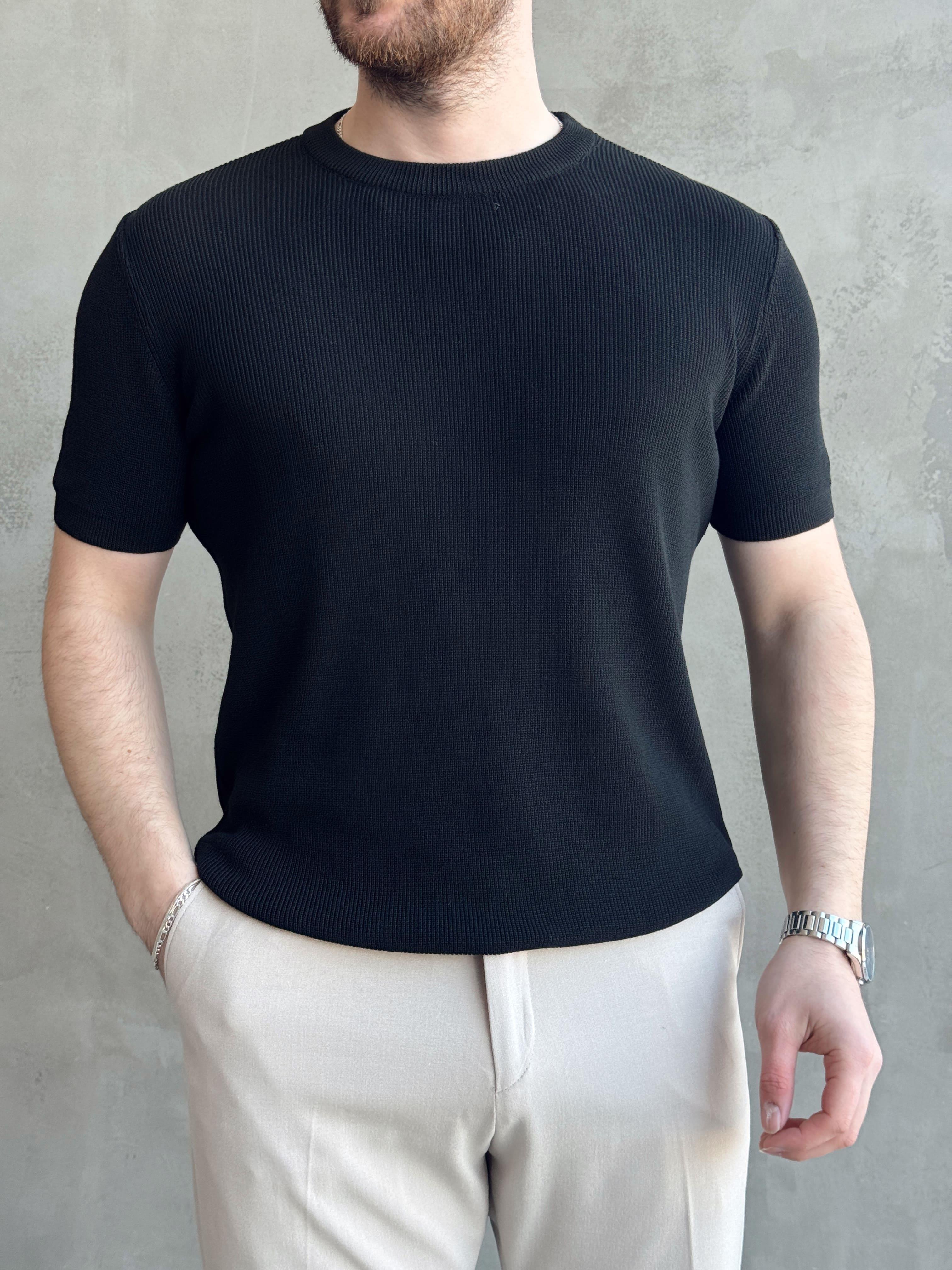 Erkek Yüksek Kalite Örme Triko Oversize Kalıp Bisiklet Yaka Triko T-Shirt-Siyah(E1655)Ketench