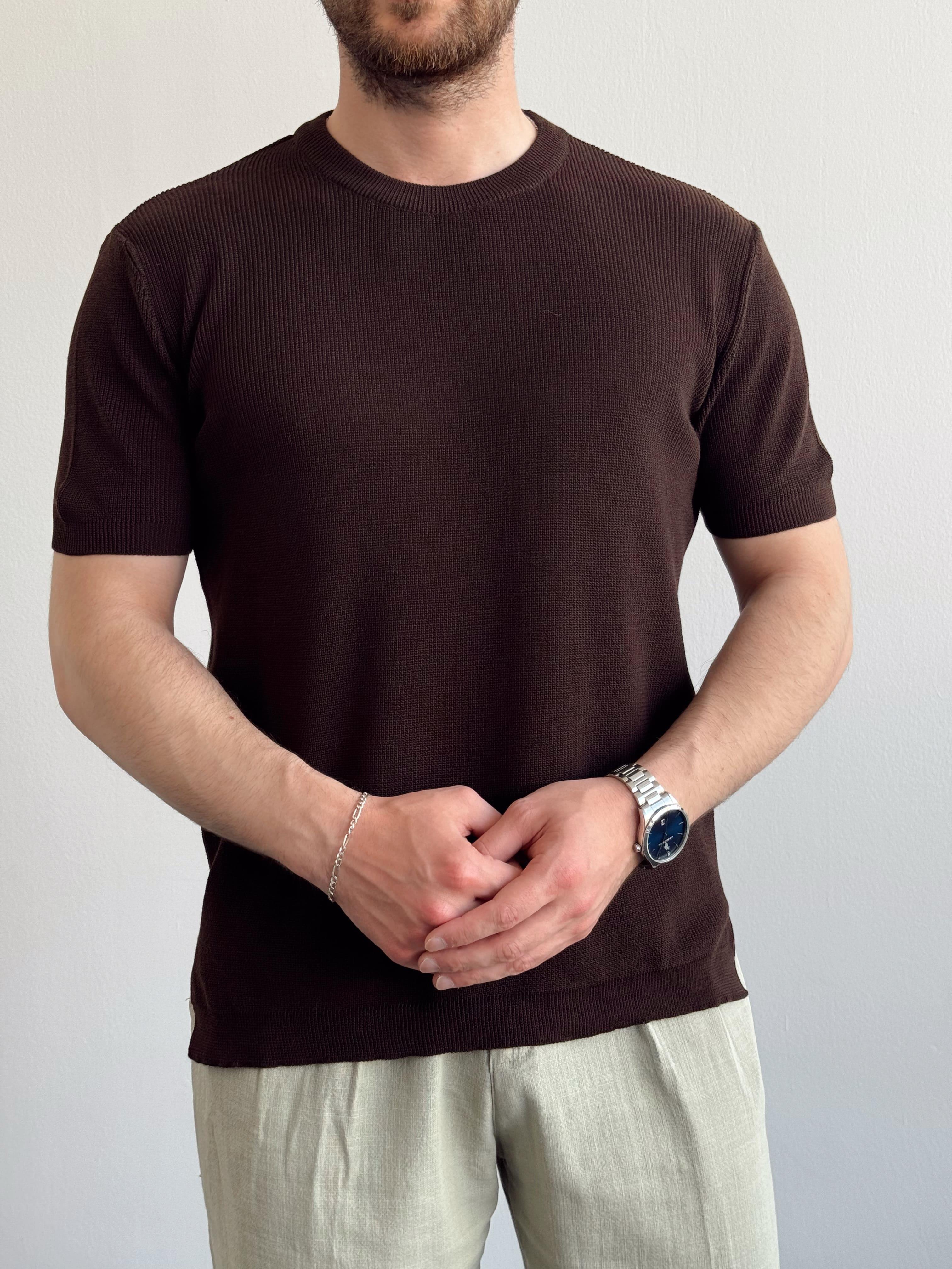 Erkek Yüksek Kalite Örme Triko Oversize Kalıp Bisiklet Yaka T-Shirt-Acı Kahve(E1290)Ketench