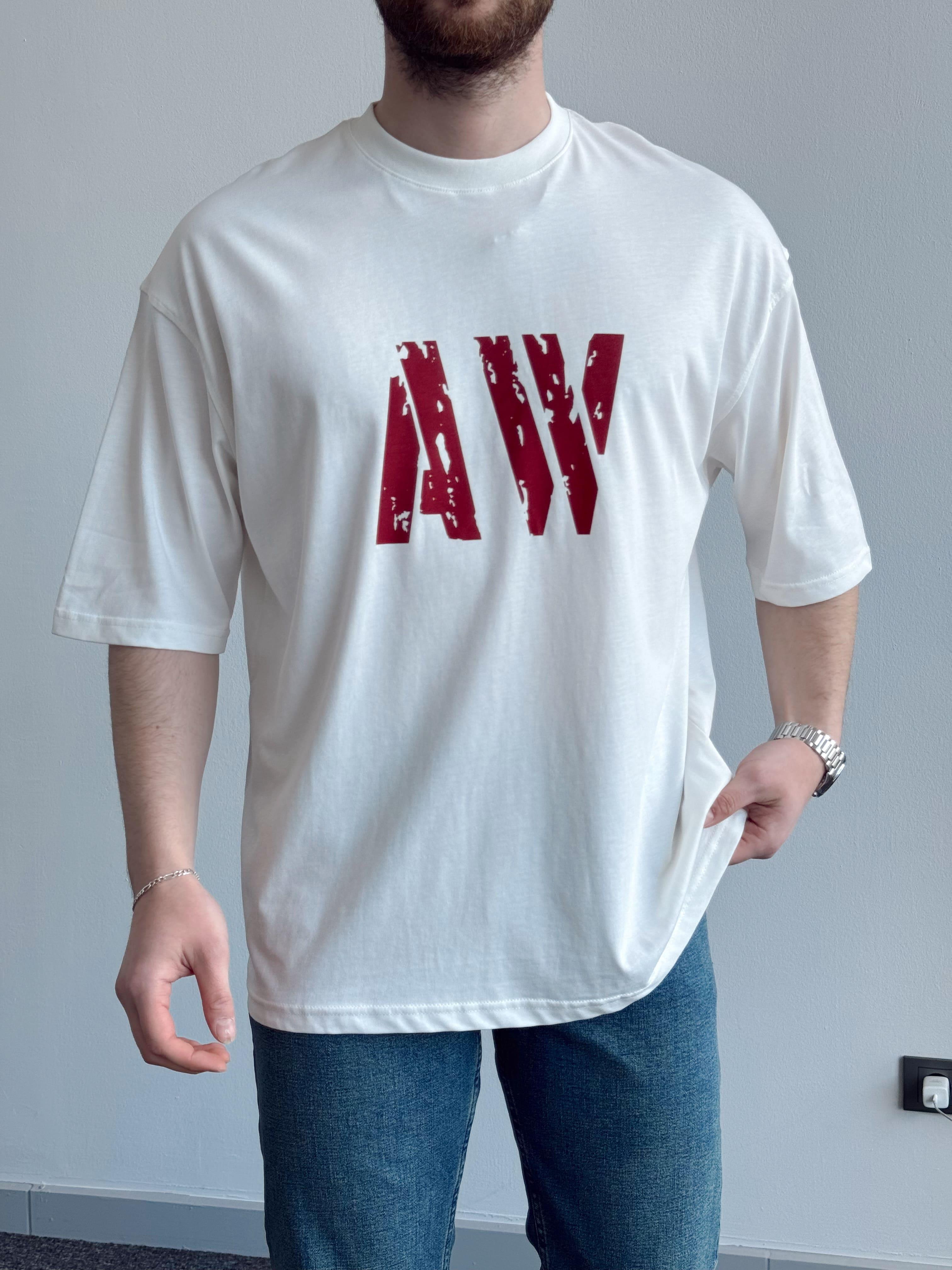 Erkek Yüksek Kalite Oversize Kalıp AW Baskı Detay T-Shirt-Beyaz(E1373)Ketench