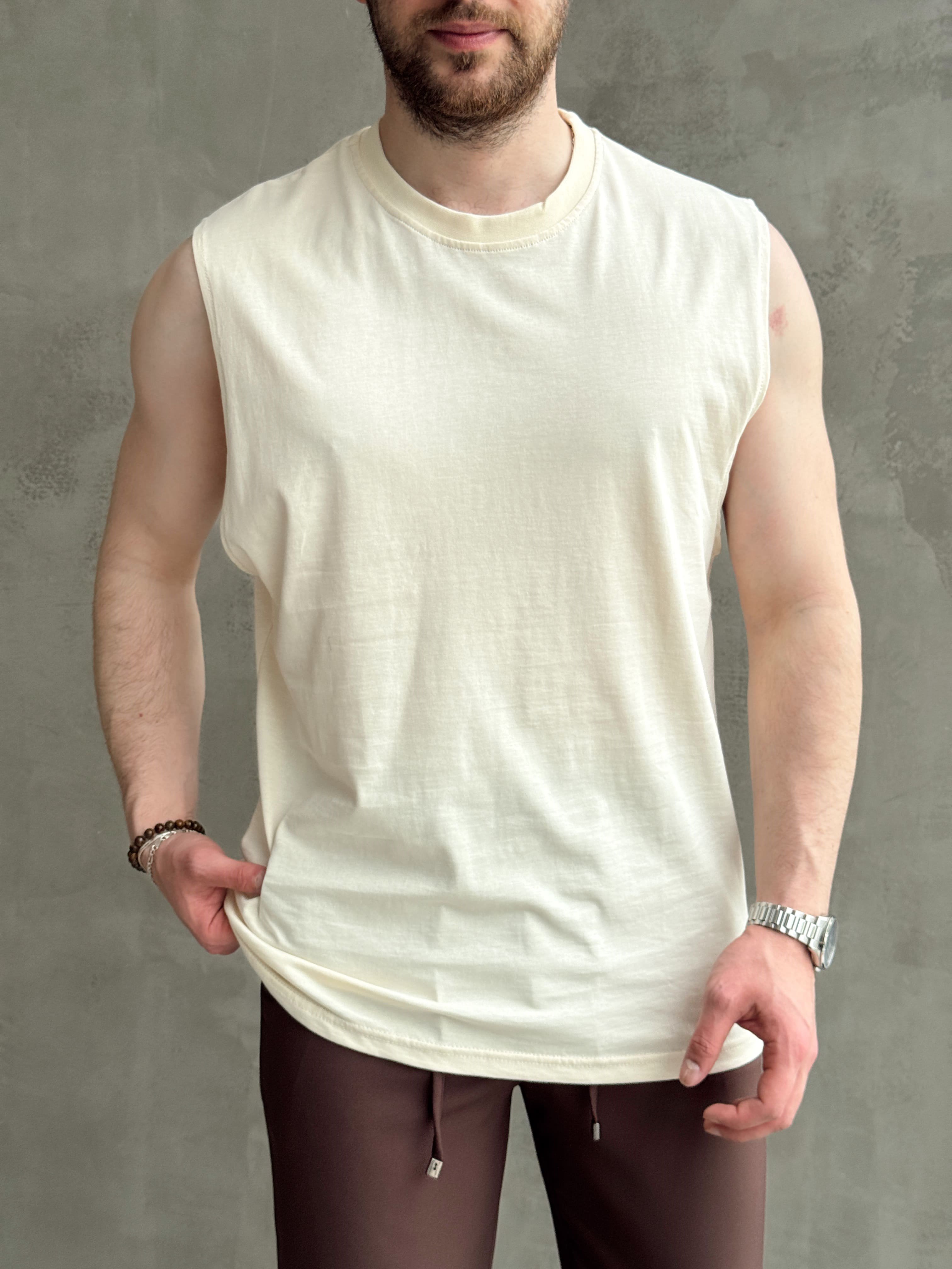 Erkek Yüksek Kalite Oversize Kalıp Bisiklet Yaka Sıfır Kol T-Shirt-Bej(E1730)Ketench