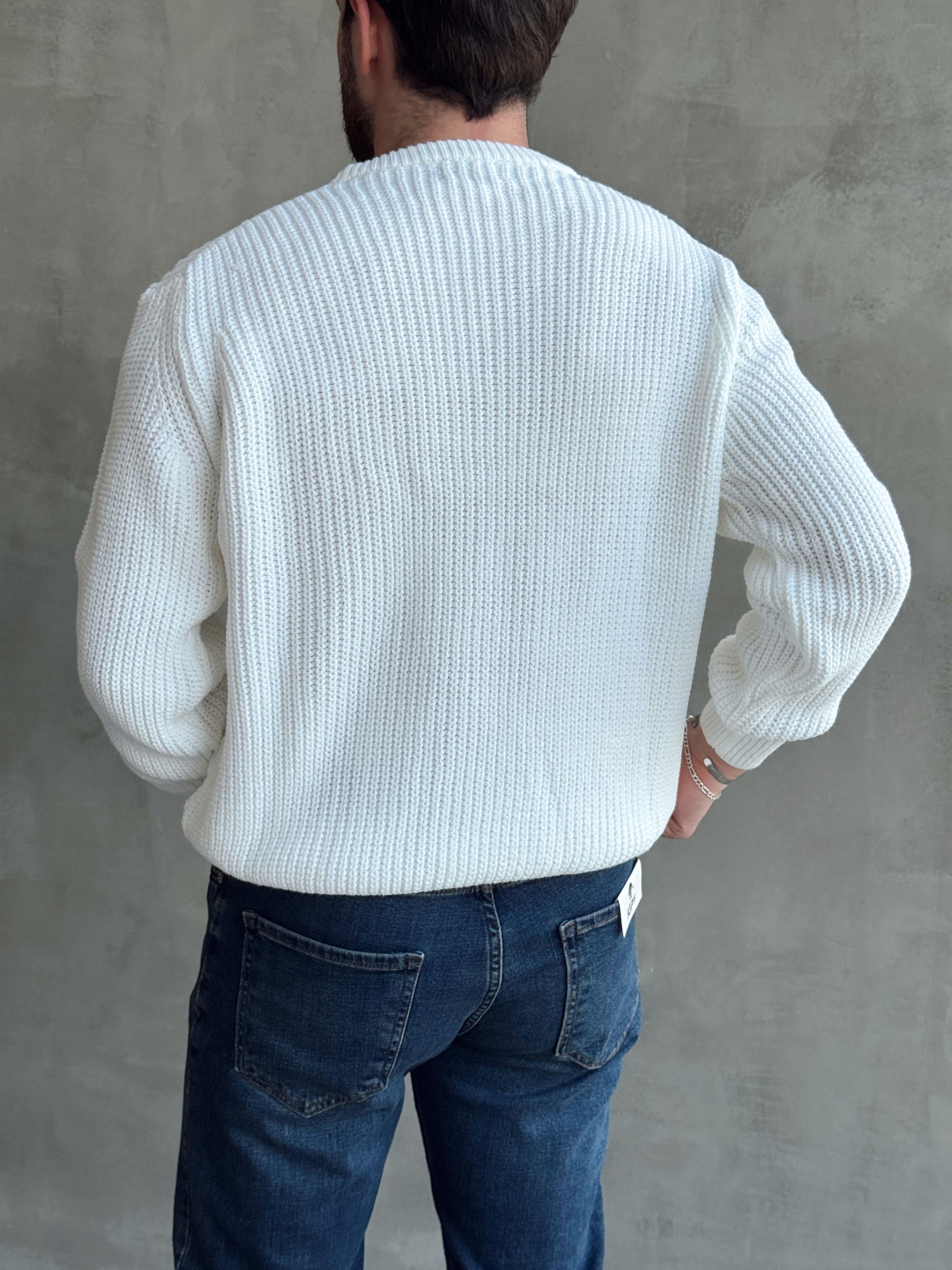 Erkek Yüksek Kalite Oversize Kalıp Bisiklet Yaka Selanik Örme Örgü Detaylı Triko Kazak-Beyaz(E1496)Ketench