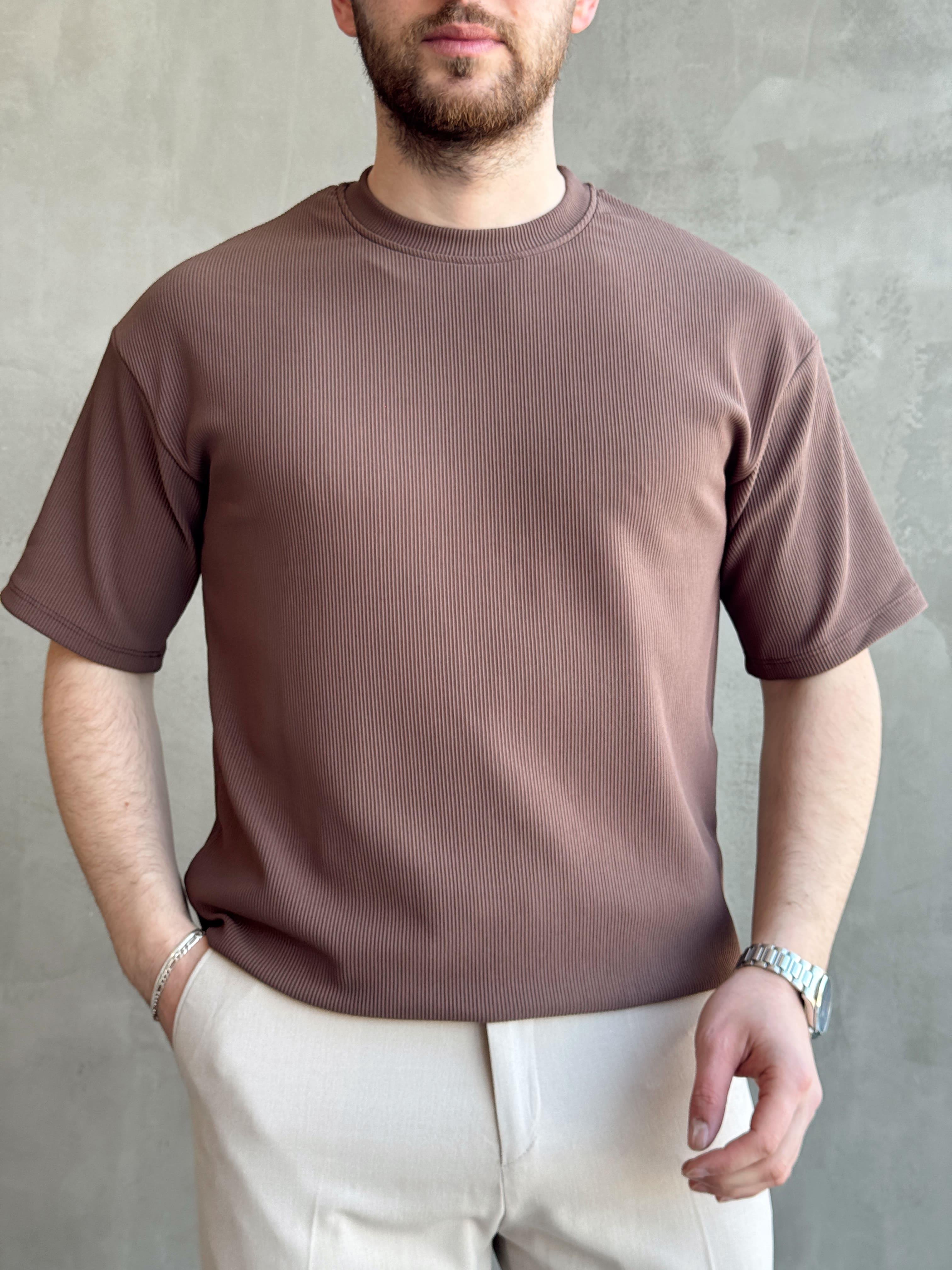 Erkek Yüksek Kalite Oversize Kalıp Bisiklet Yaka Fitil Detaylı T-Shirt-Kahverengi(E1656)Ketench