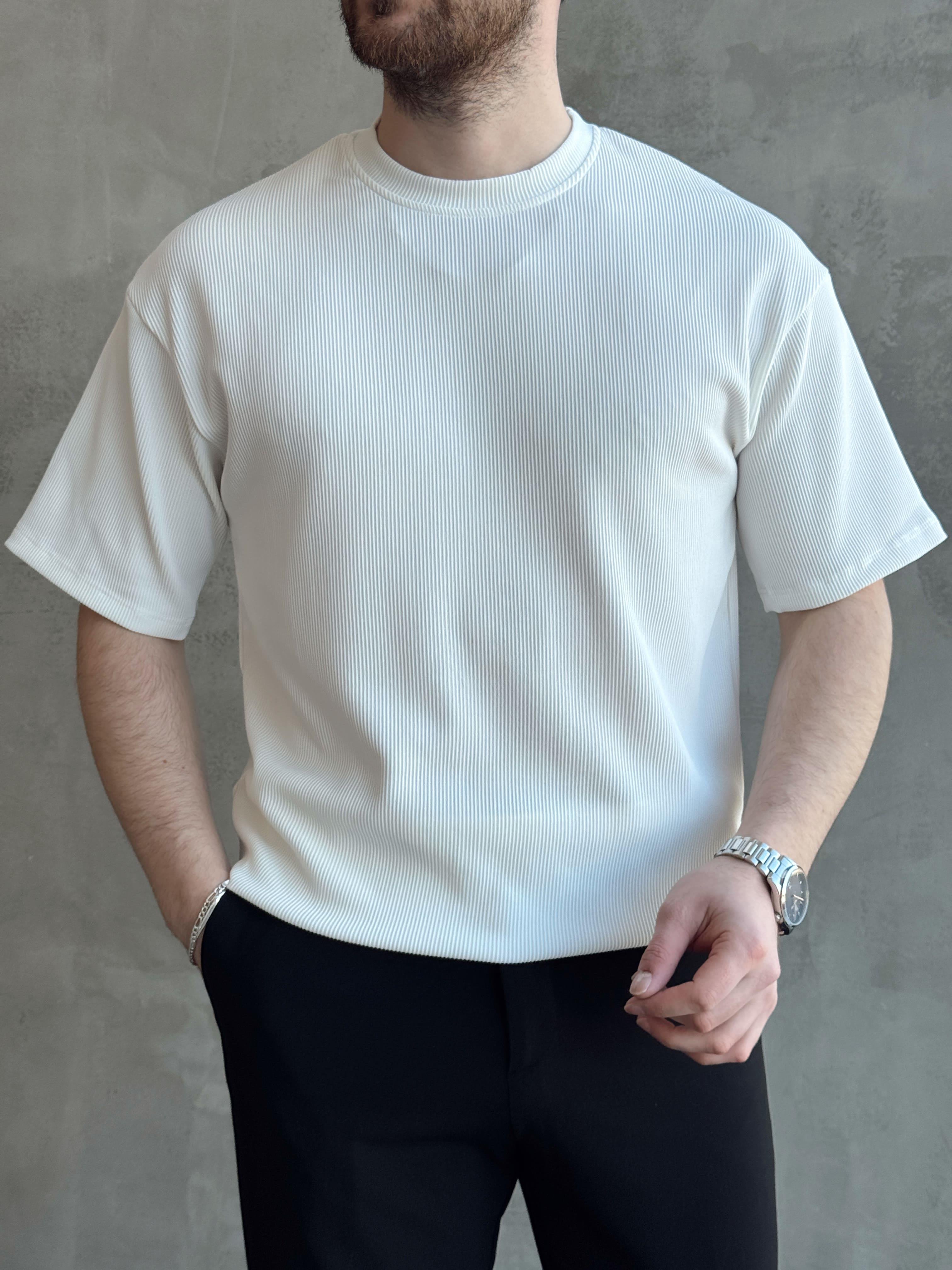 Erkek Yüksek Kalite Oversize Kalıp Bisiklet Yaka Fitil Detaylı T-Shirt-Beyaz(E1656)Ketench