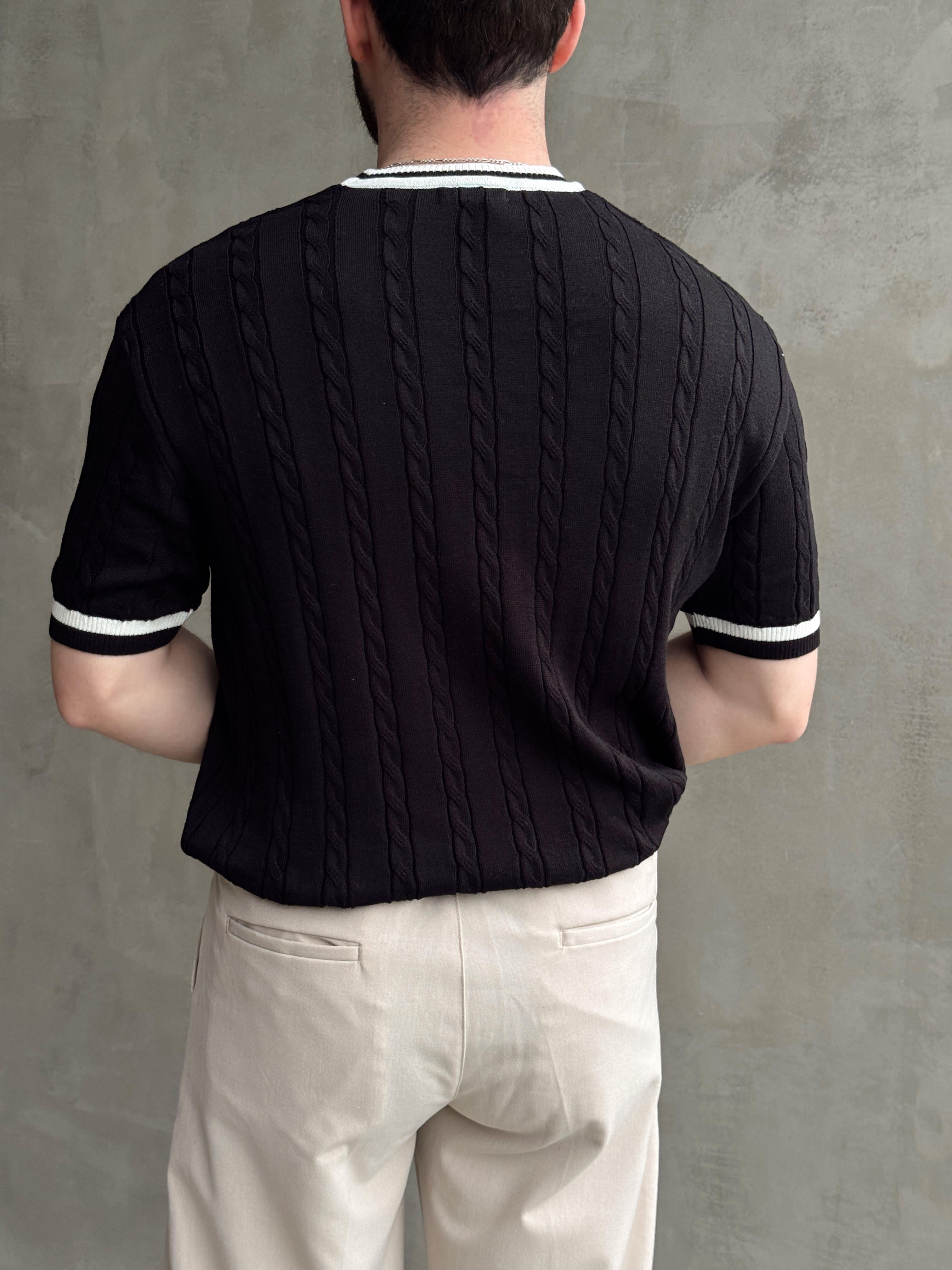 Erkek Yüksek Kalite Oversize Kalıp Bisiklet Yaka Örgü Detaylı Triko T-Shirt-Siyah(E1662)Ketench