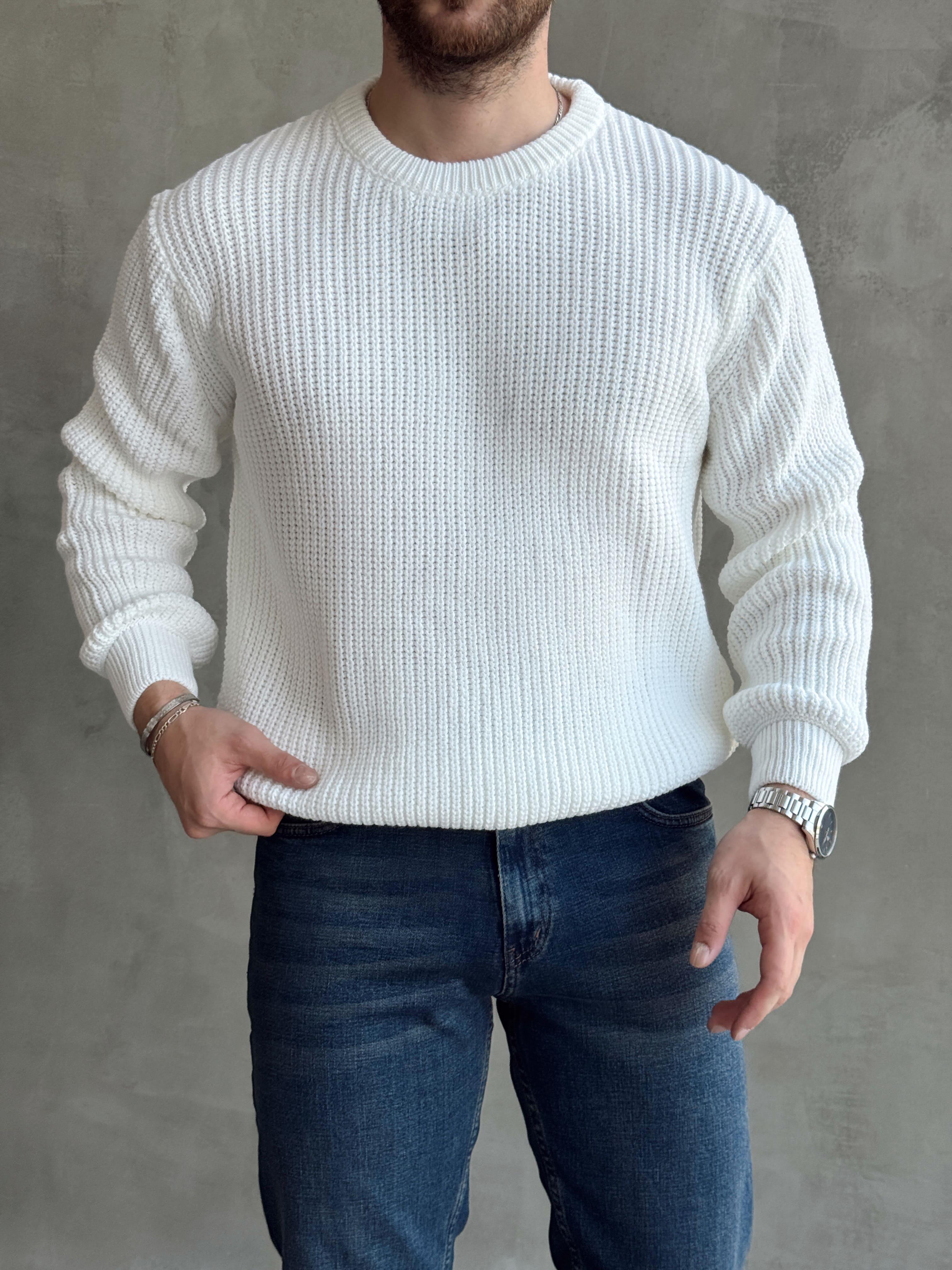 Erkek Yüksek Kalite Oversize Kalıp Bisiklet Yaka Selanik Örme Örgü Detaylı Triko Kazak-Beyaz(E1496)Ketench