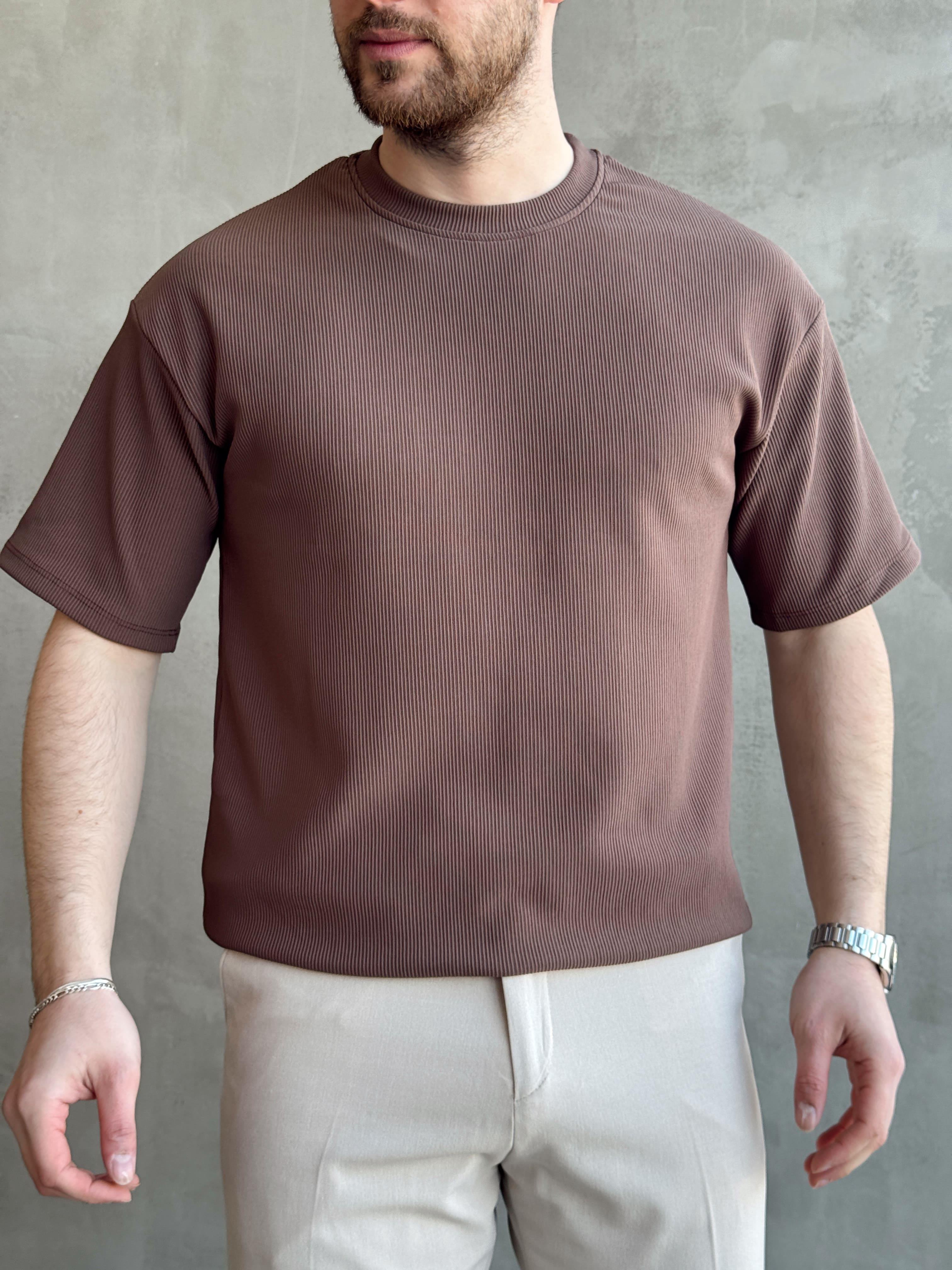Erkek Yüksek Kalite Oversize Kalıp Bisiklet Yaka Fitil Detaylı T-Shirt-Kahverengi(E1656)Ketench