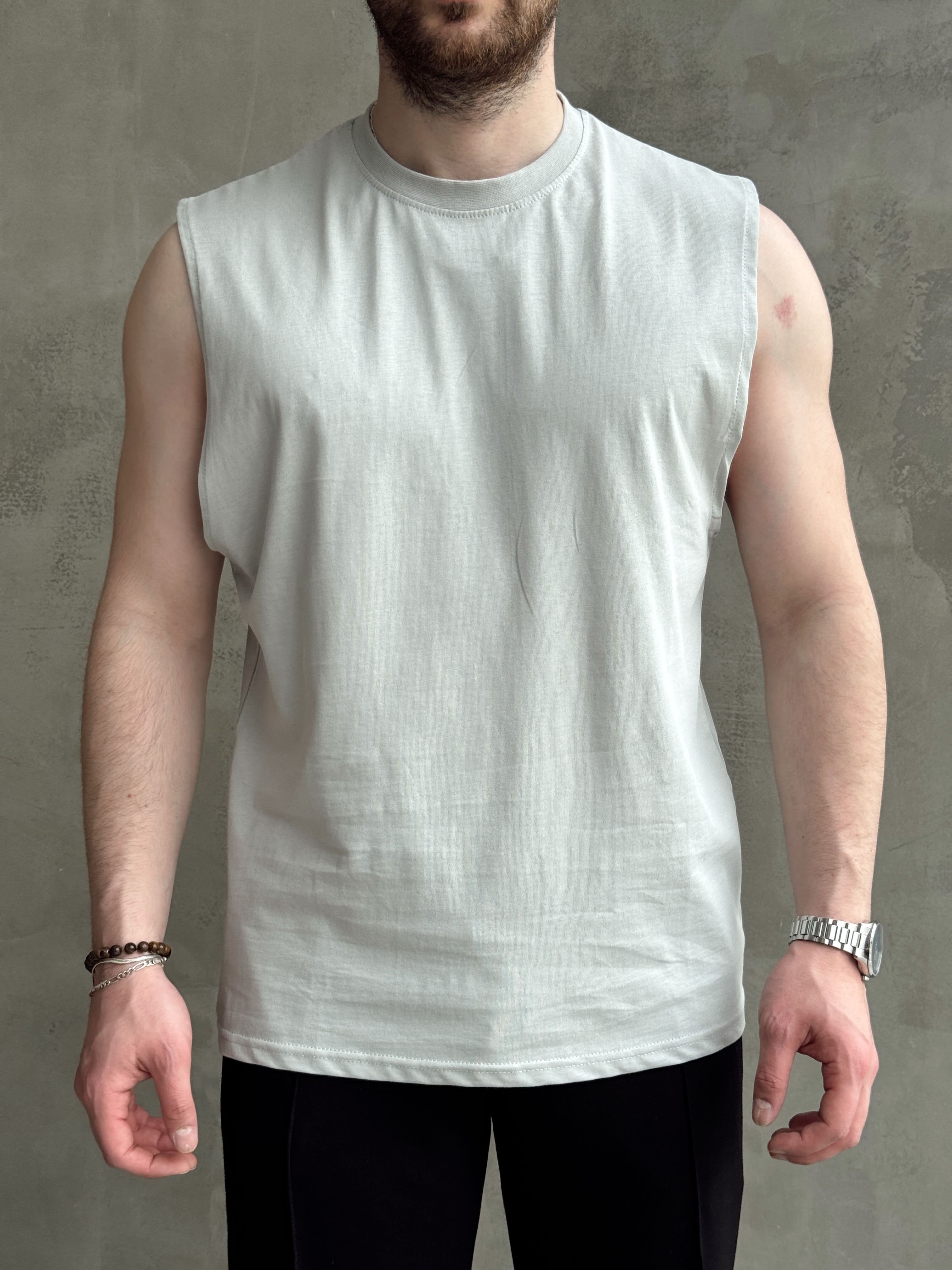 Erkek Yüksek Kalite Oversize Kalıp Bisiklet Yaka Sıfır Kol T-Shirt-Gri(E1730)Ketench