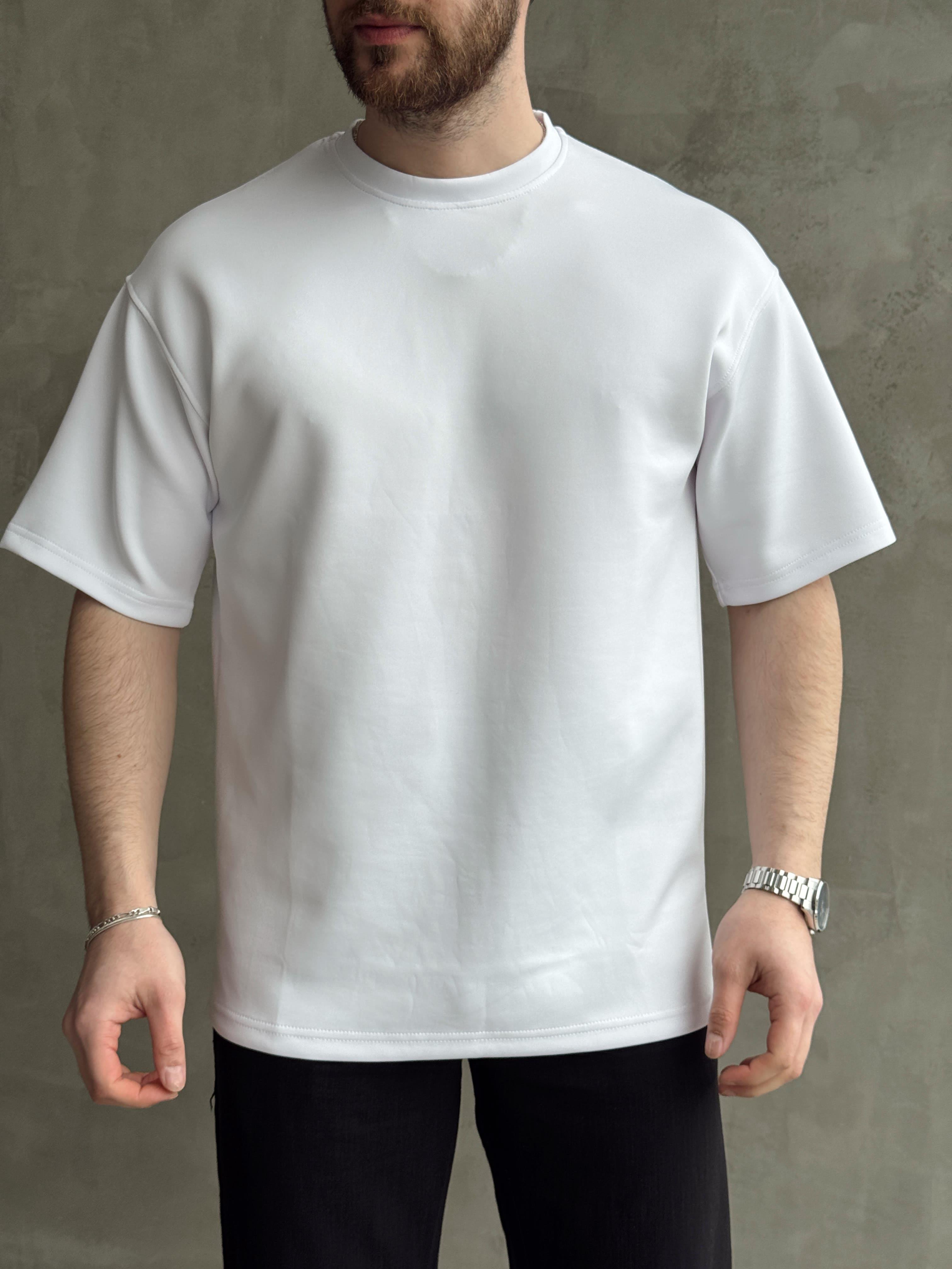 Erkek Yüksek Kalite Oversize Kalıp Bisiklet Yaka Yumuşak Dokulu Düz T-Shirt-Beyaz(E1673)Ketench