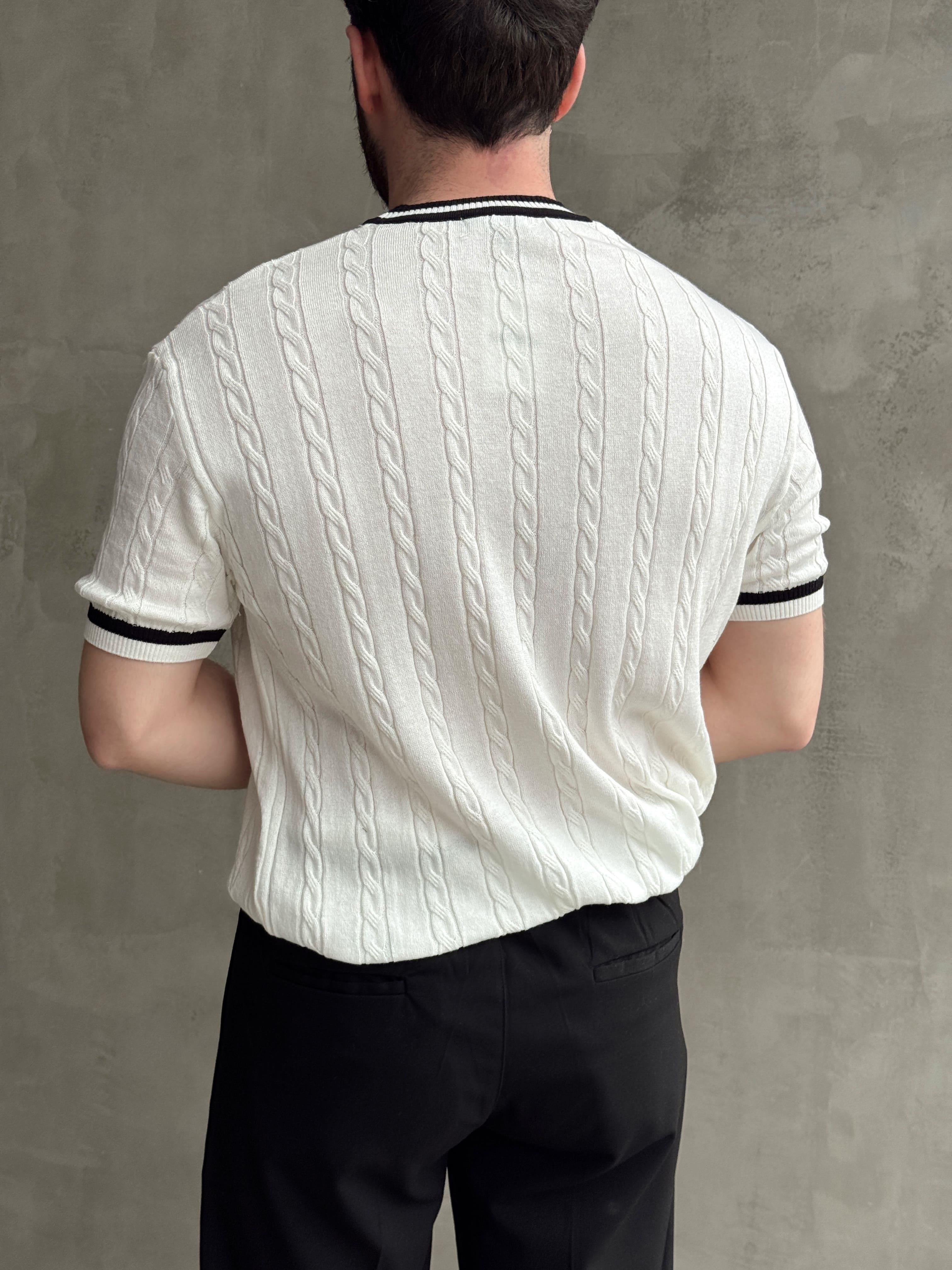 Erkek Yüksek Kalite Oversize Kalıp Bisiklet Yaka Örgü Detaylı Triko T-Shirt-Beyaz(E1662)Ketench