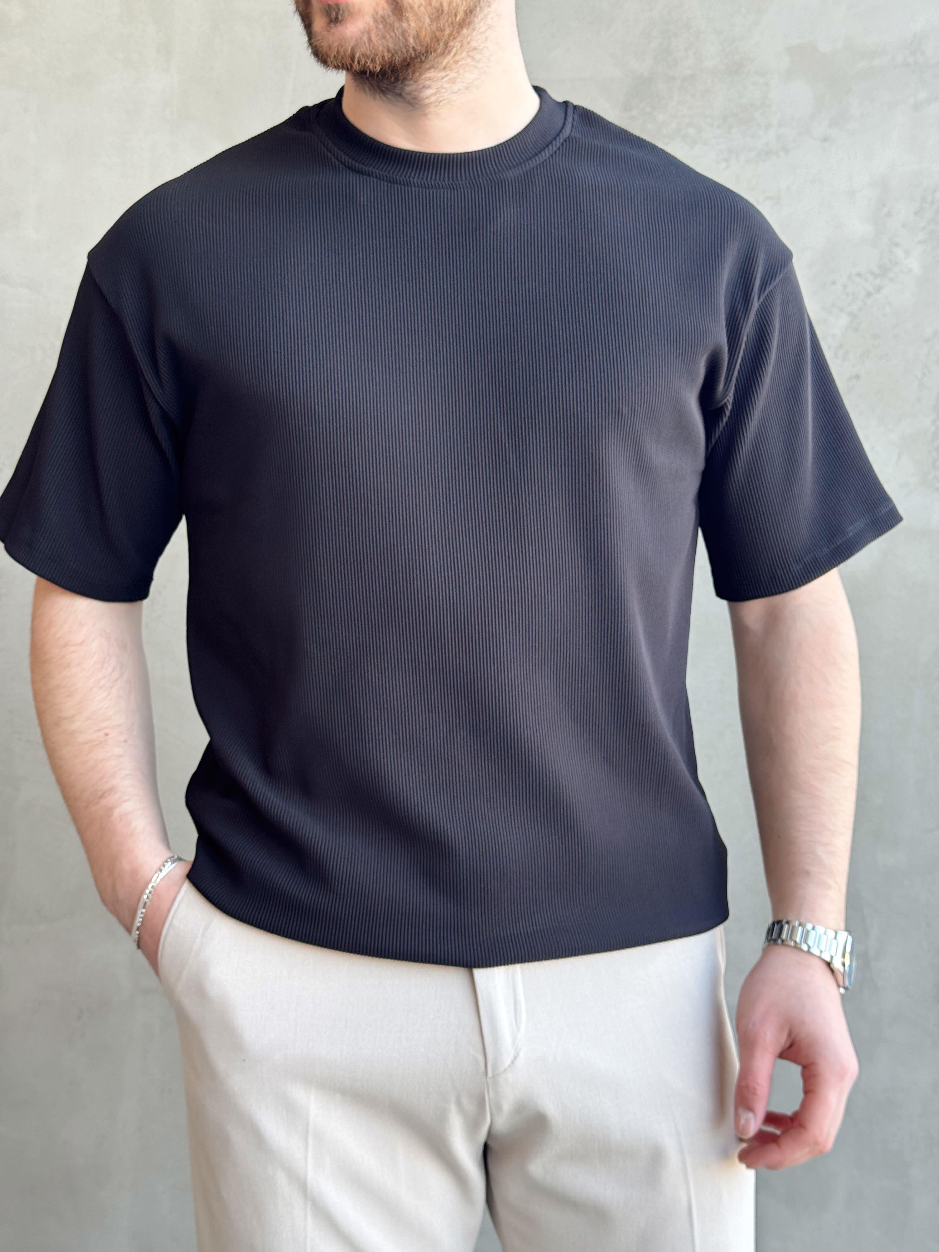 Erkek Yüksek Kalite Oversize Kalıp Bisiklet Yaka Fitil Detaylı T-Shirt-Siyah(E1656)Ketench