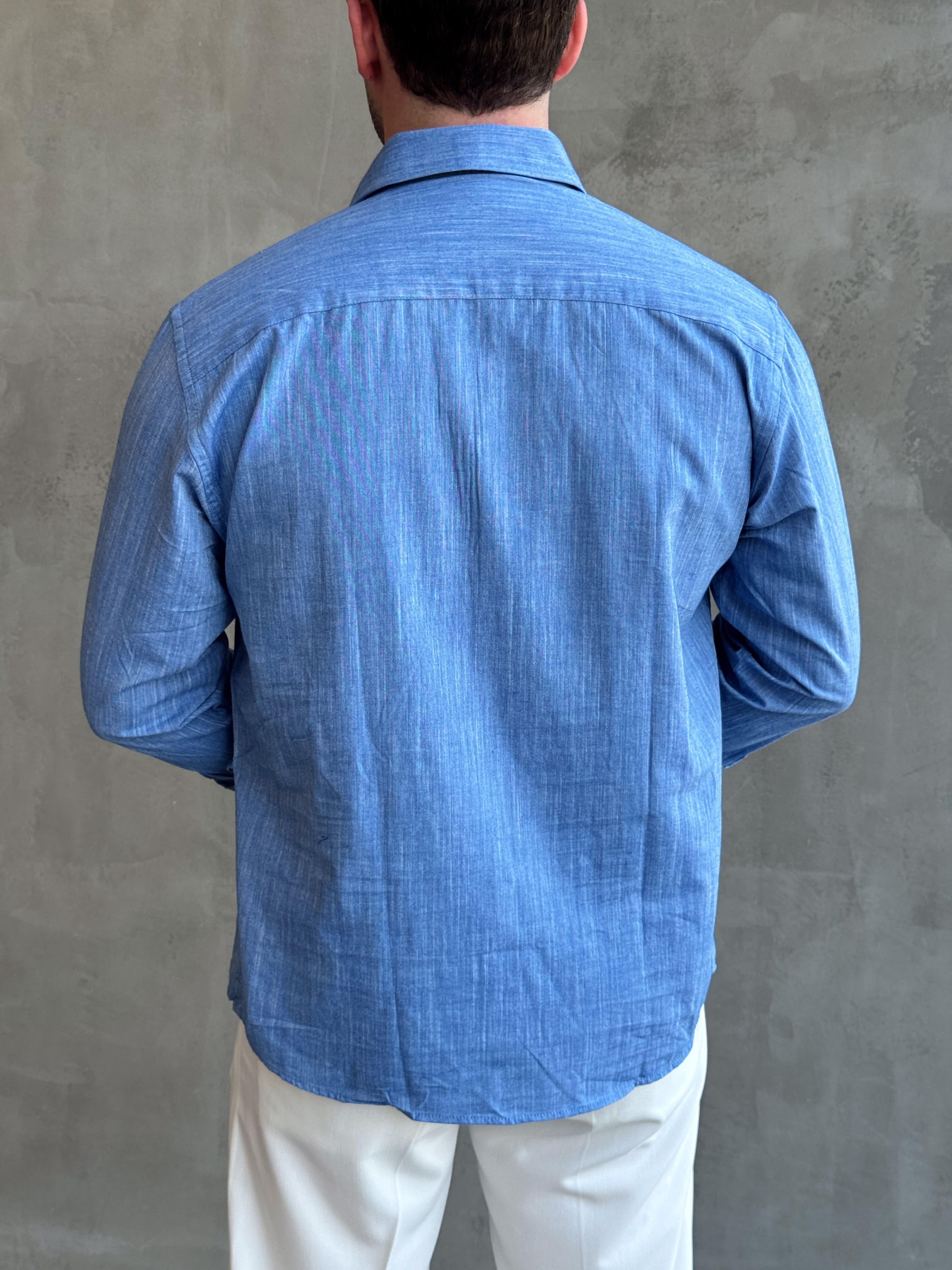 Erkek Yüksek Kalite Oversize Kalıp Cep Detaylı Keten Karışımlı Gömlek-Lacivert(E1601)Ketench