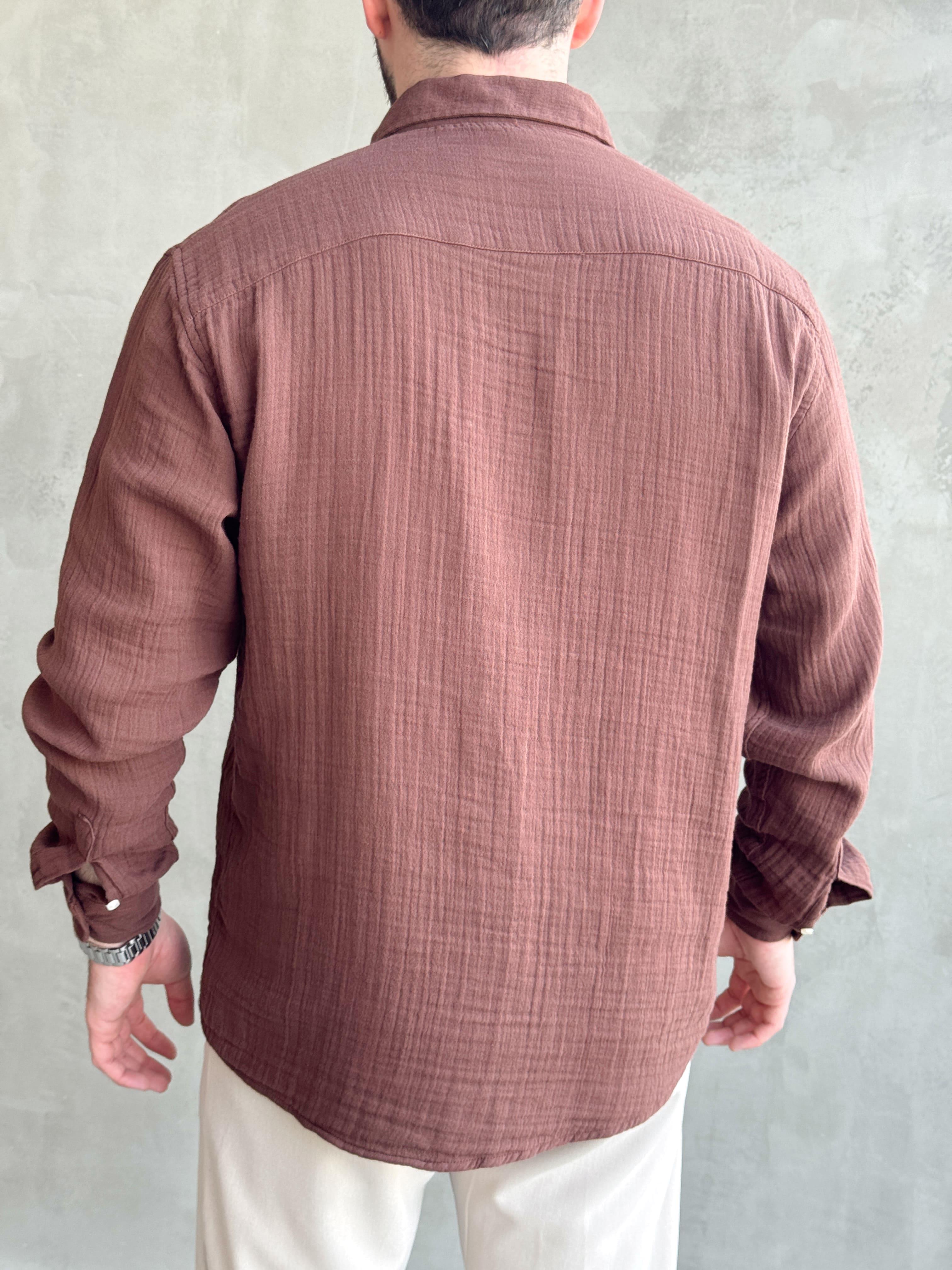 Erkek Yüksek Kalite Oversize Kalıp Cep Detaylı Müslin Kumaş Gömlek-Kahverengi(E1630)Ketench