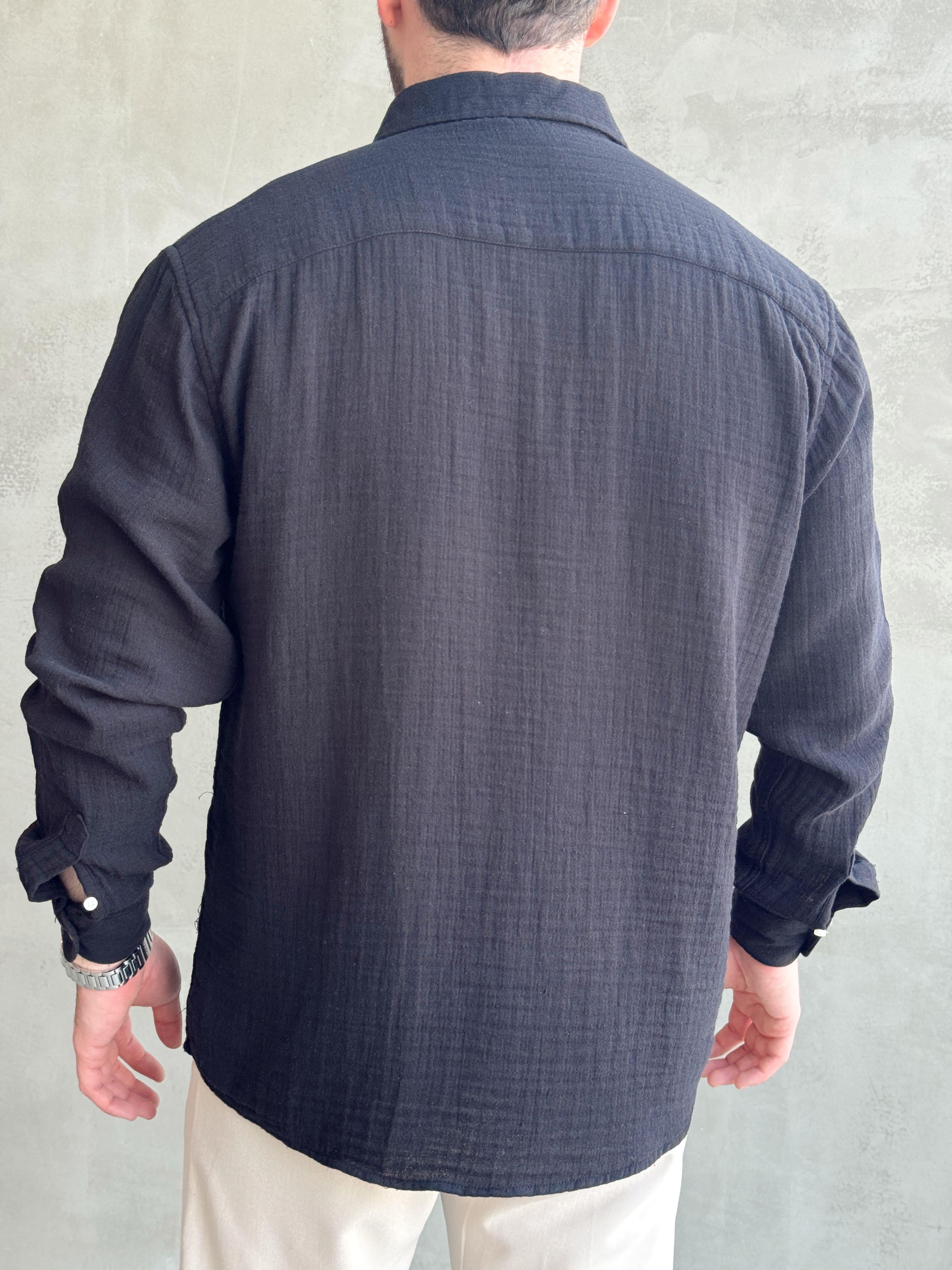 Erkek Yüksek Kalite Oversize Kalıp Cep Detaylı Müslin Kumaş Gömlek-Siyah(E1630)Ketench