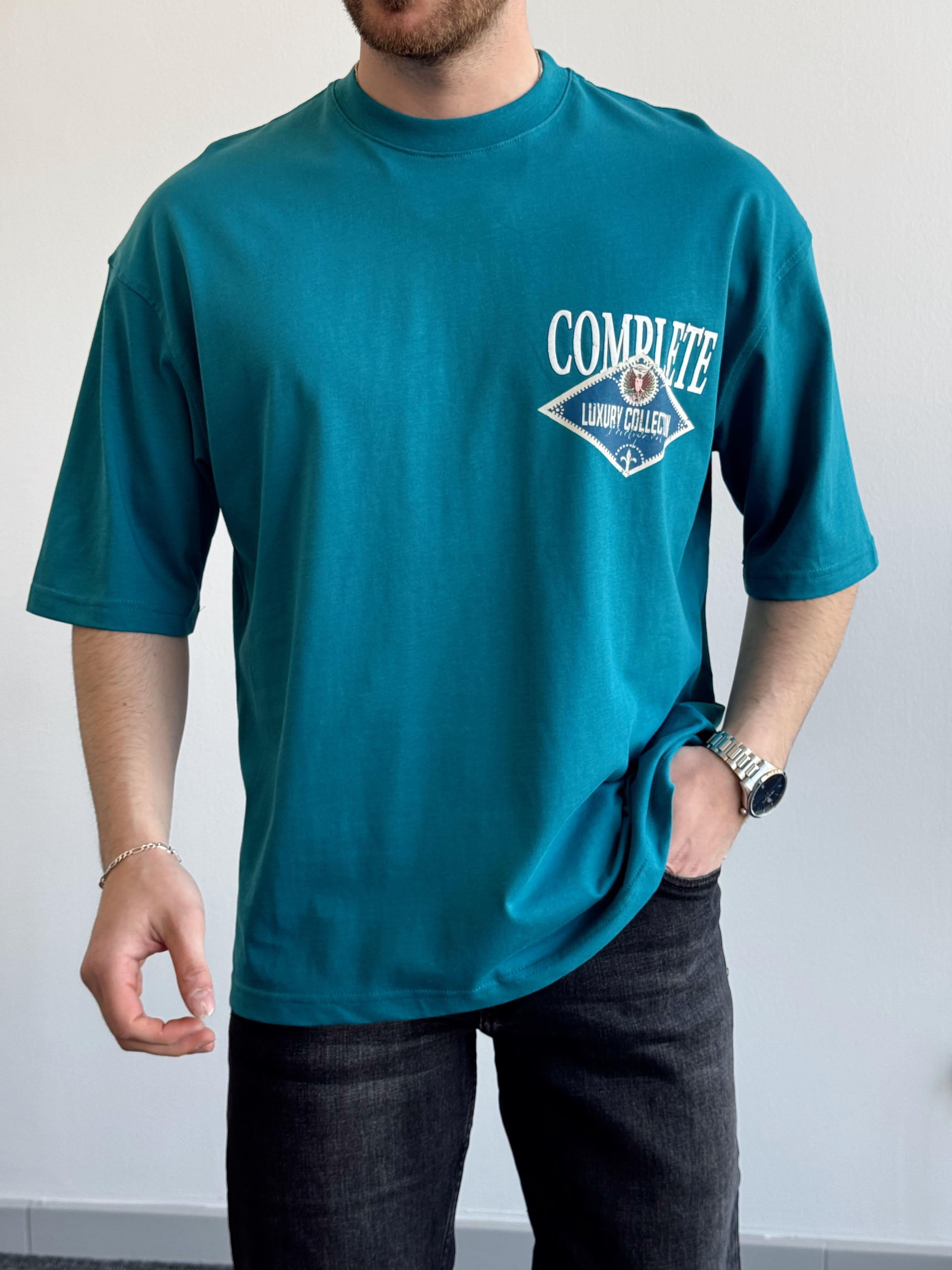 Erkek Yüksek Kalite Oversize Kalıp Complate Kabaran Baskı Detay T-Shirt-Petrol(E1370)Ketench