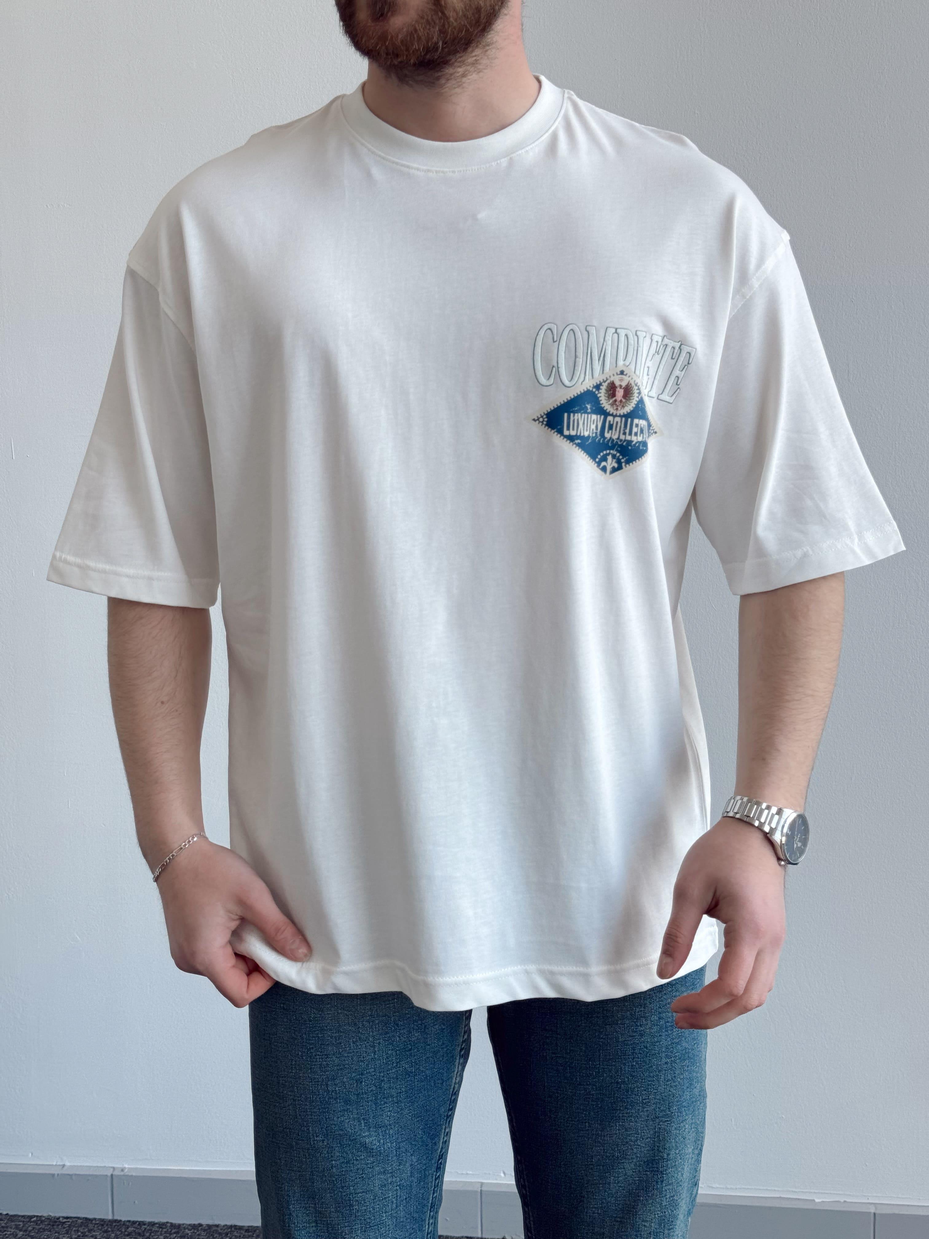Erkek Yüksek Kalite Oversize Kalıp Complate Kabaran Baskı Detay T-Shirt-Beyaz(E1370)Ketench