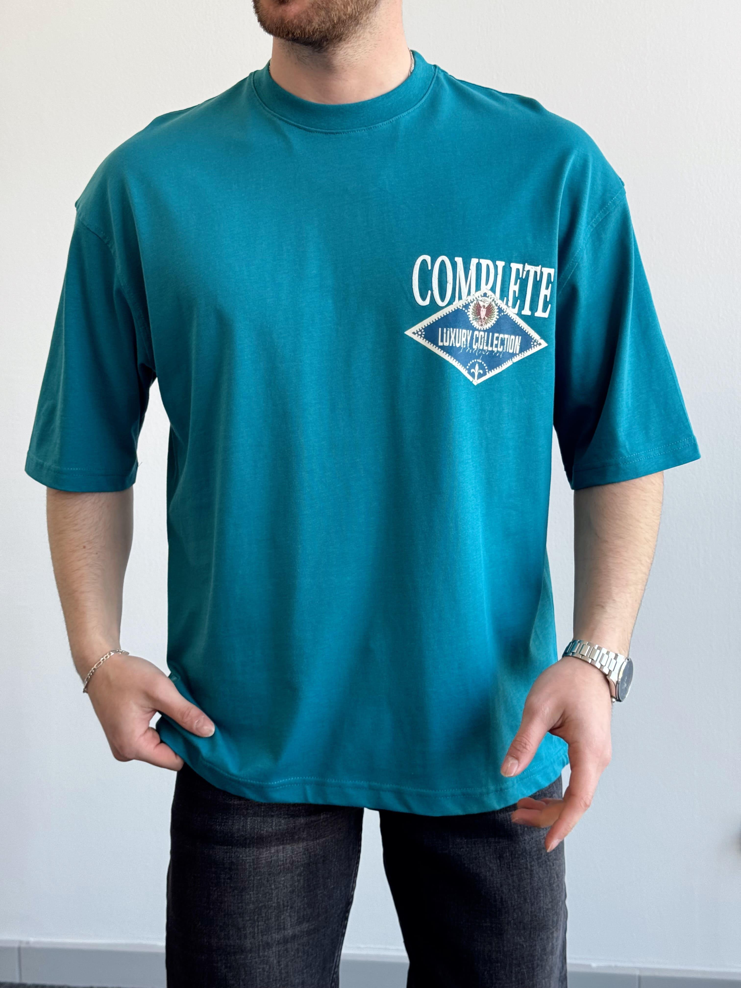 Erkek Yüksek Kalite Oversize Kalıp Complate Kabaran Baskı Detay T-Shirt-Petrol(E1370)Ketench