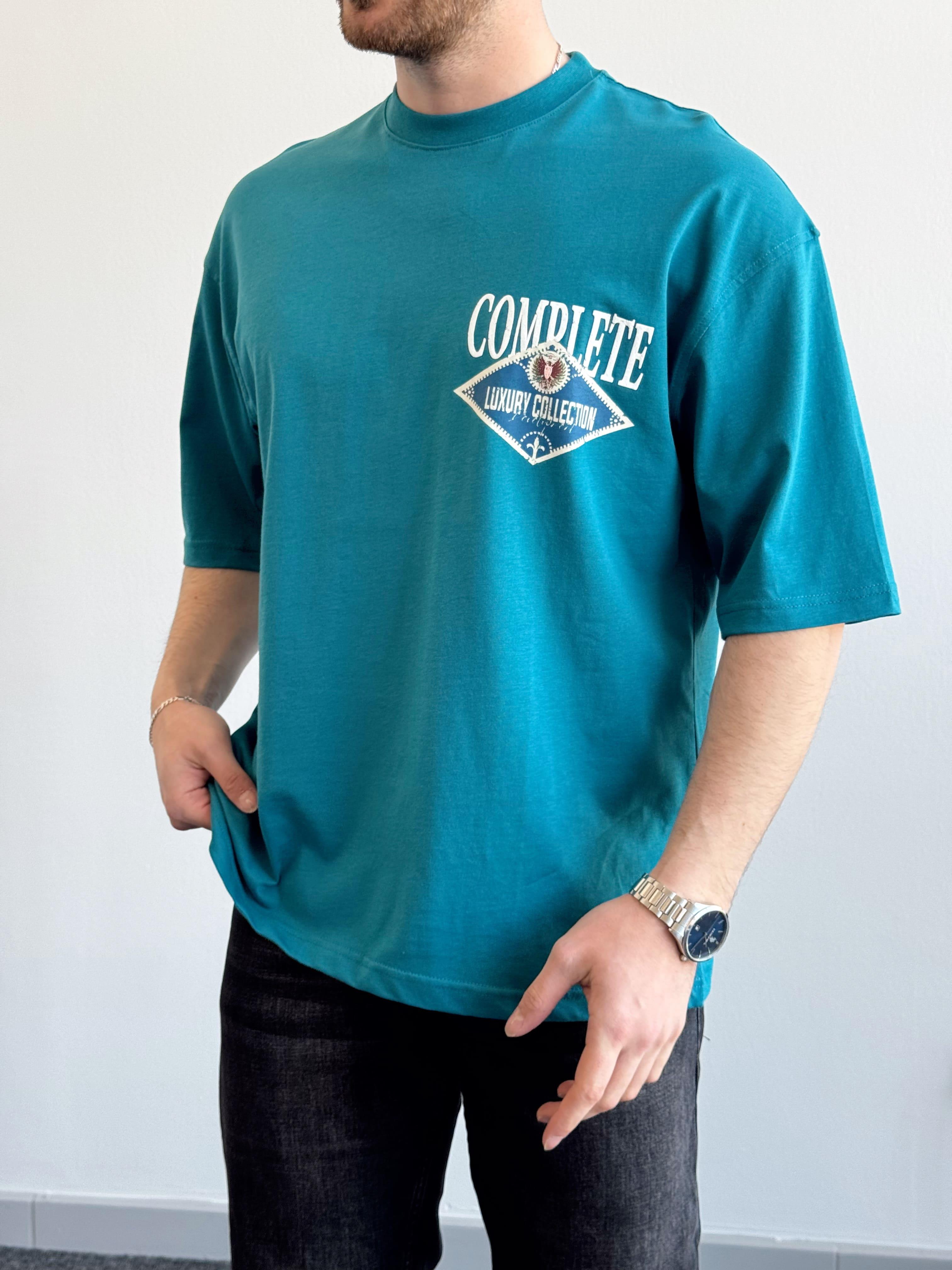 Erkek Yüksek Kalite Oversize Kalıp Complate Kabaran Baskı Detay T-Shirt-Petrol(E1370)Ketench
