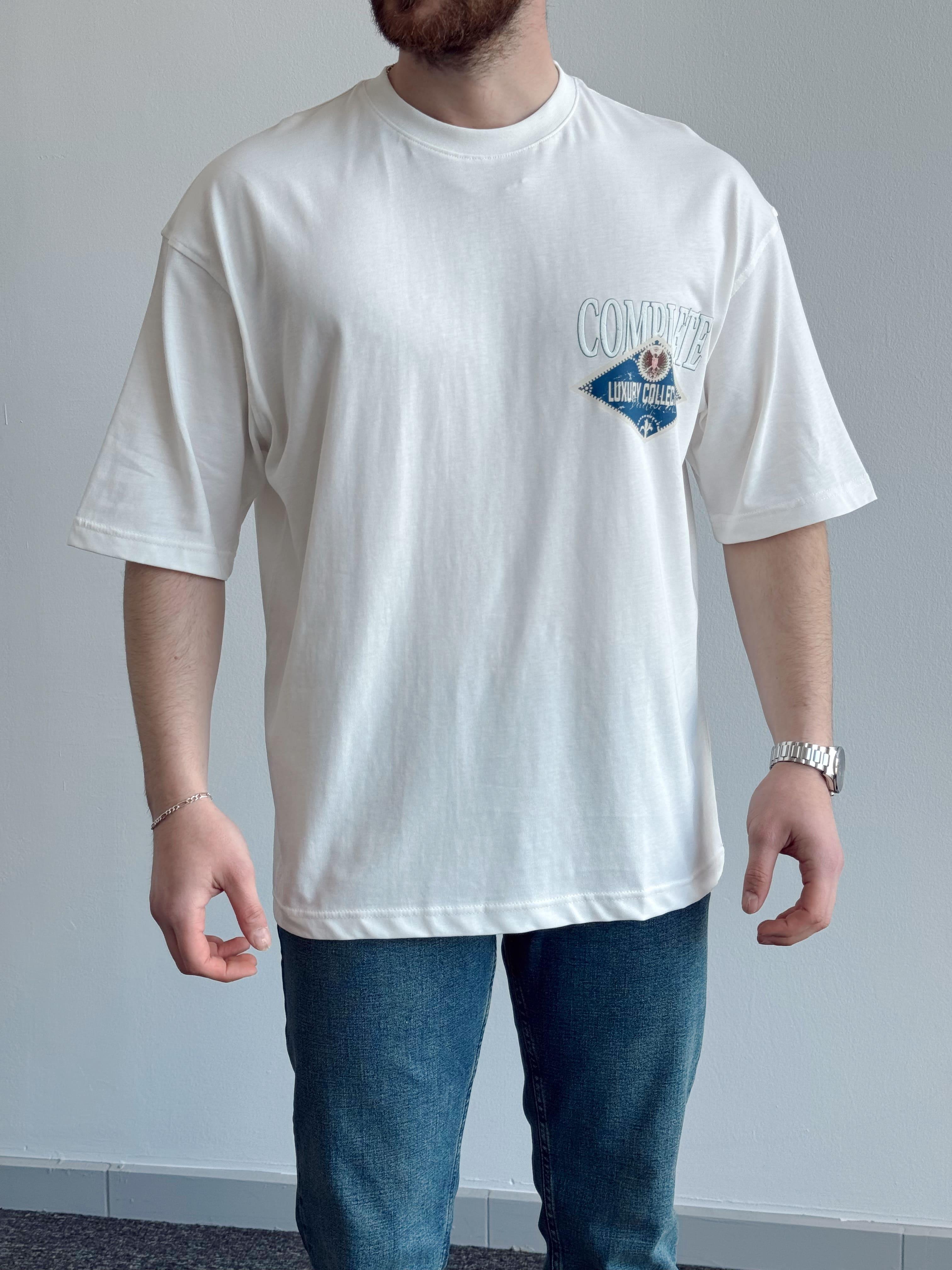 Erkek Yüksek Kalite Oversize Kalıp Complate Kabaran Baskı Detay T-Shirt-Beyaz(E1370)Ketench