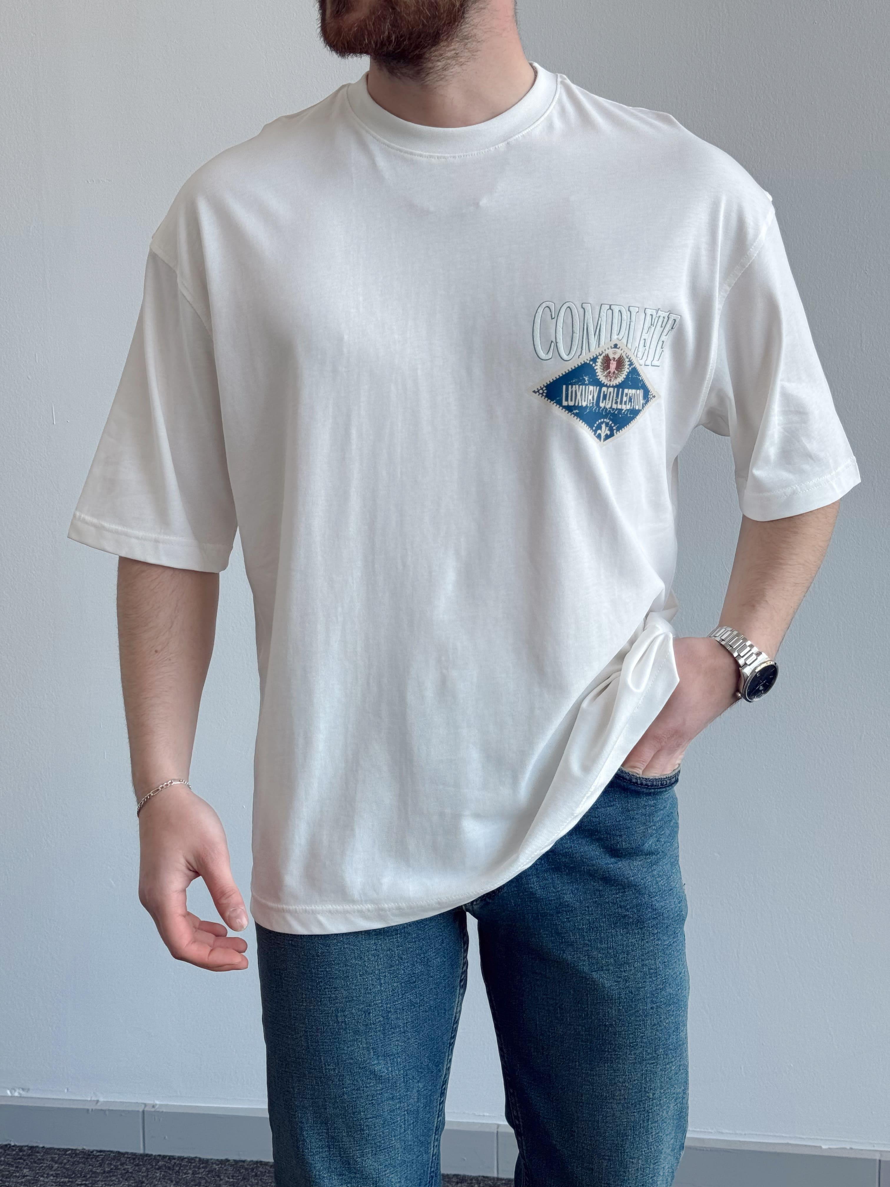 Erkek Yüksek Kalite Oversize Kalıp Complate Kabaran Baskı Detay T-Shirt-Beyaz(E1370)Ketench