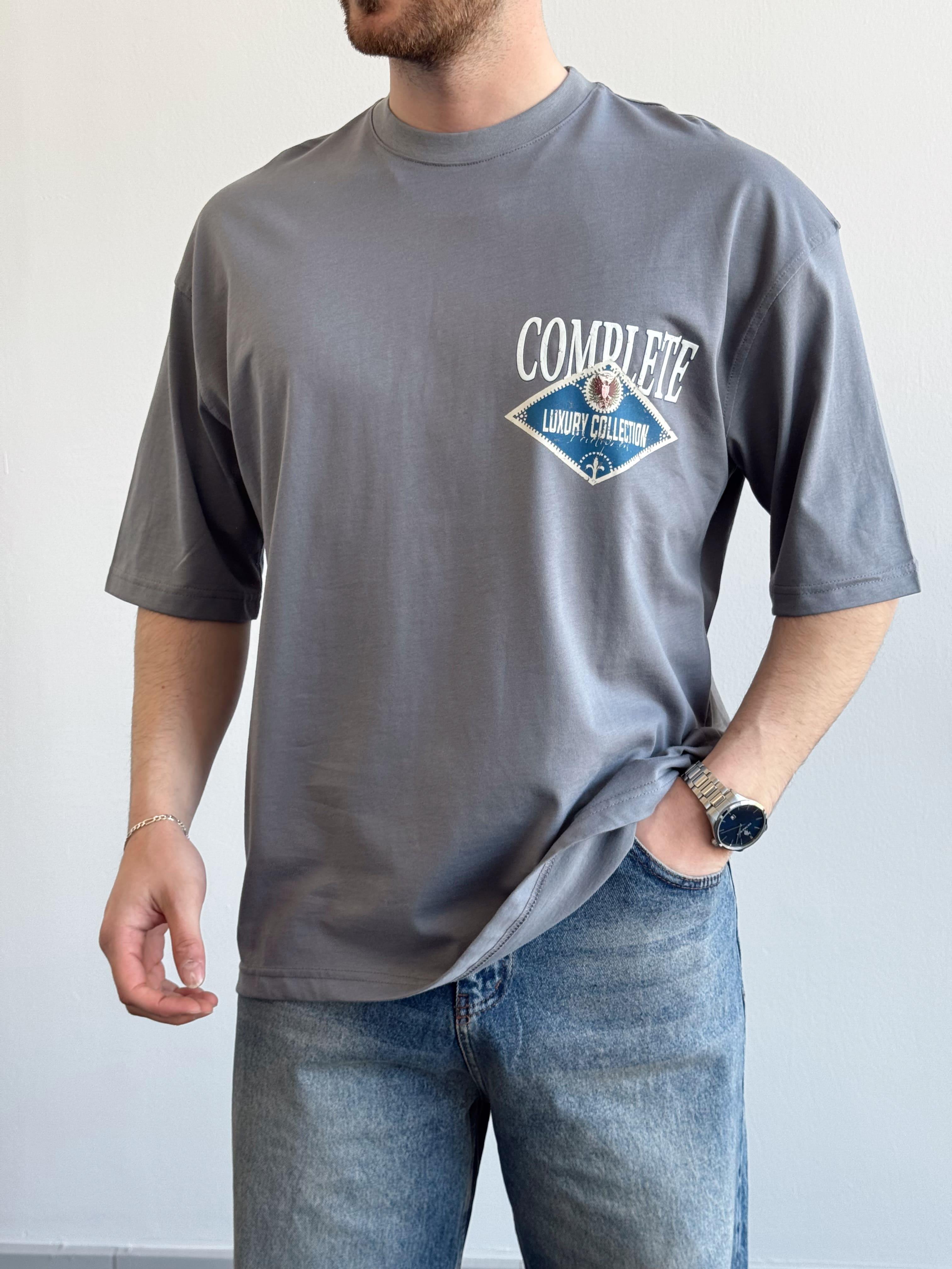 Erkek Yüksek Kalite Oversize Kalıp Complate Kabaran Baskı Detay T-Shirt-Füme(E1370)Ketench