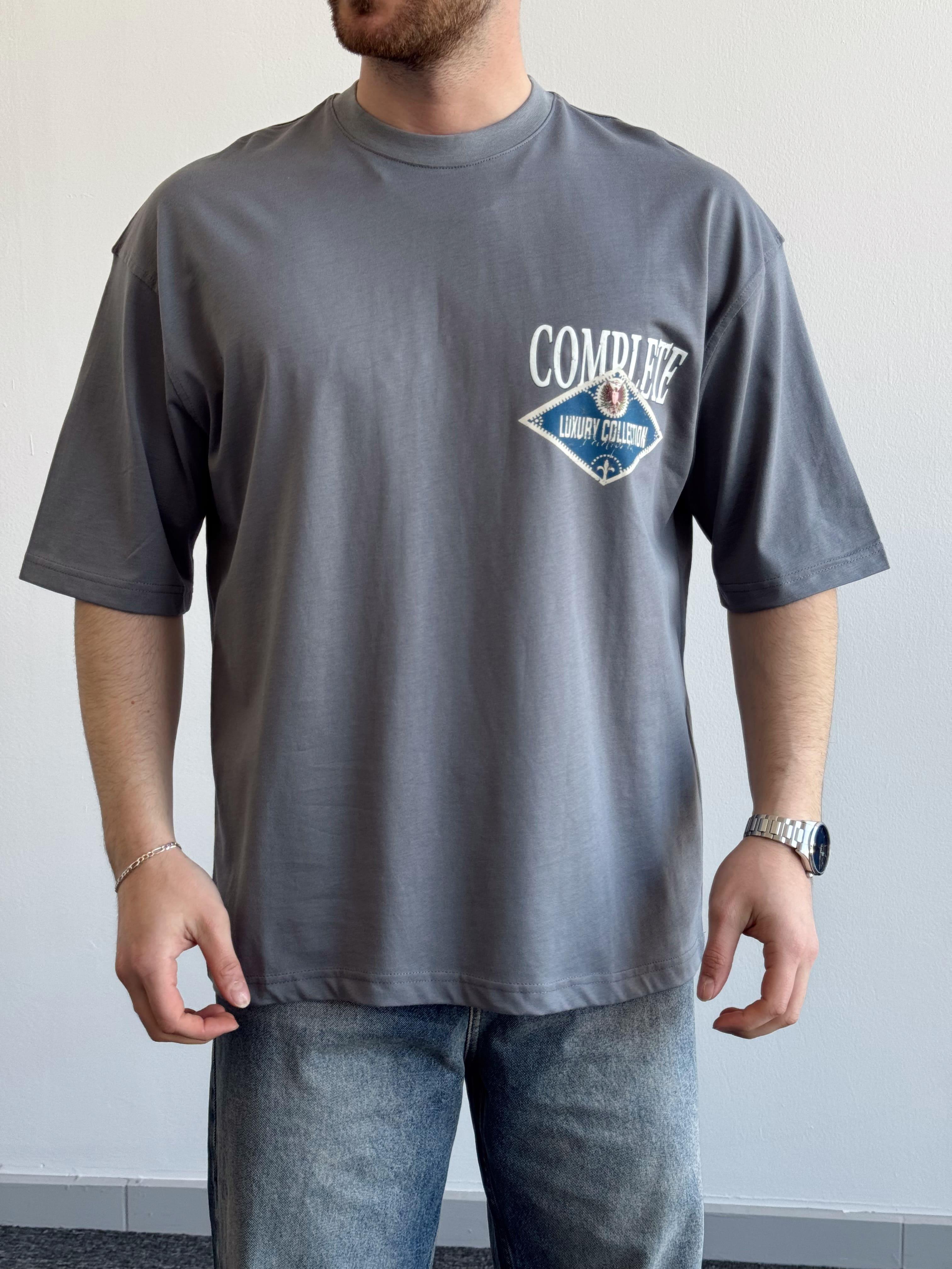 Erkek Yüksek Kalite Oversize Kalıp Complate Kabaran Baskı Detay T-Shirt-Füme(E1370)Ketench
