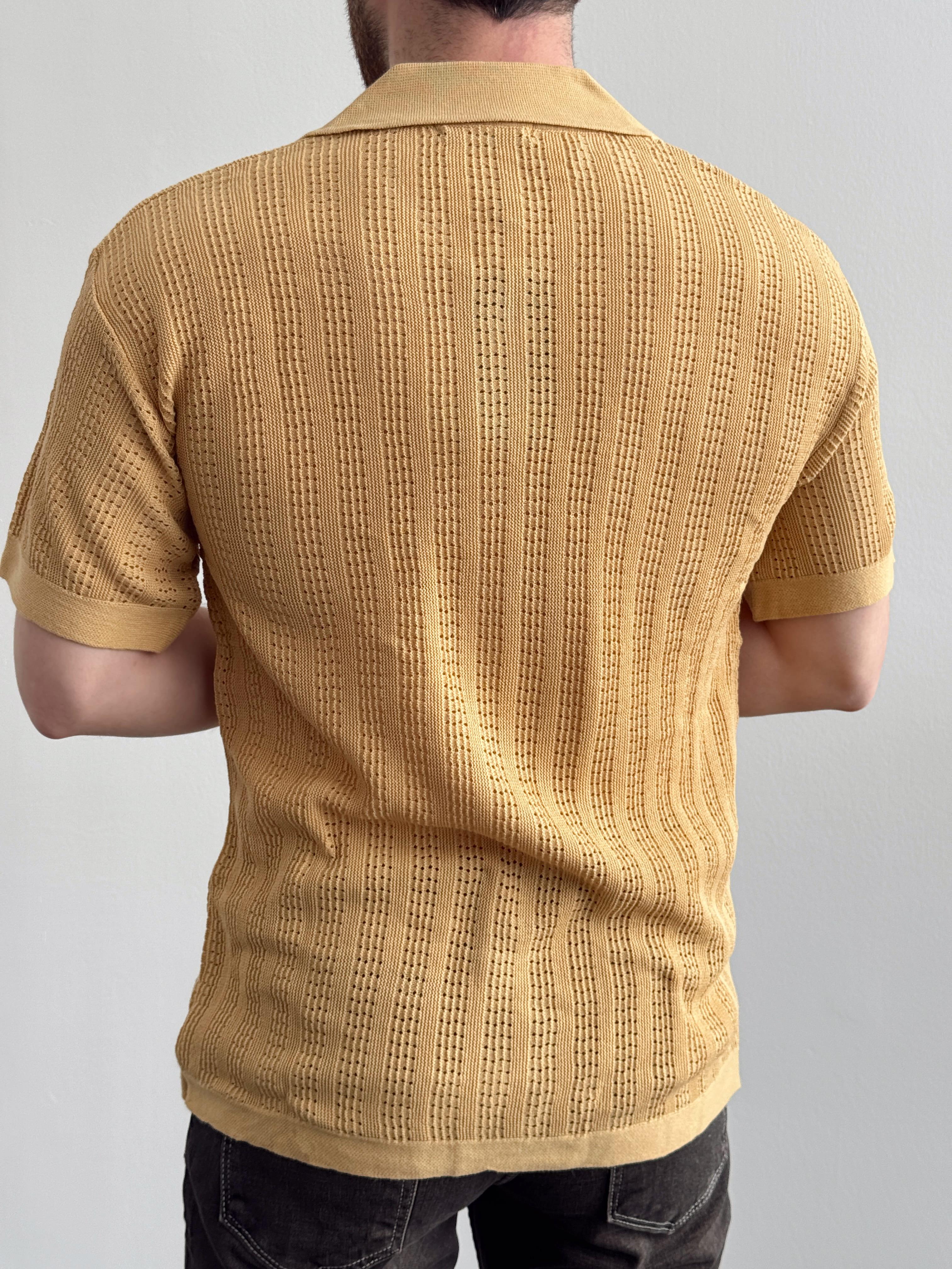 Erkek Yüksek Kalite Oversize Kalıp Desenli Yaka Detay Triko Hırka-Hardal(E1292)Ketench